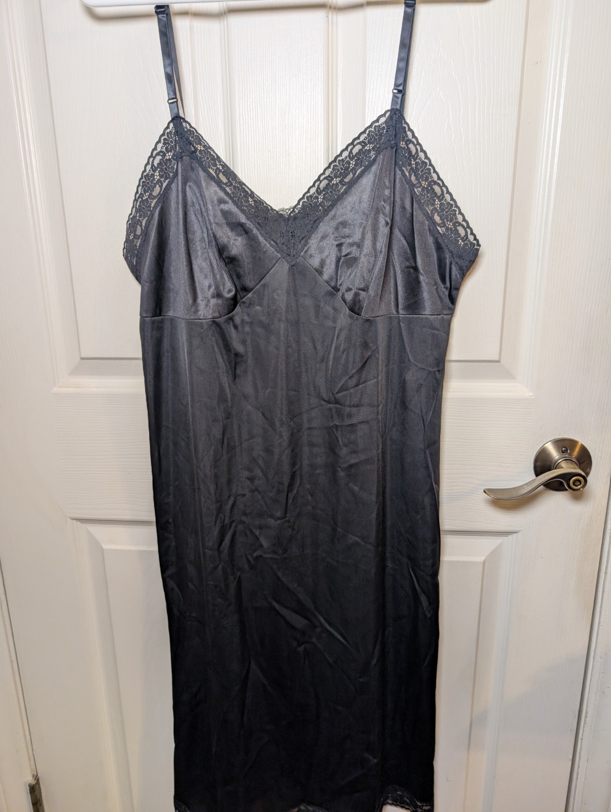 Vintage Vanity Fair Nylon Black Full Slip Dress Size 40 With Lace Trim