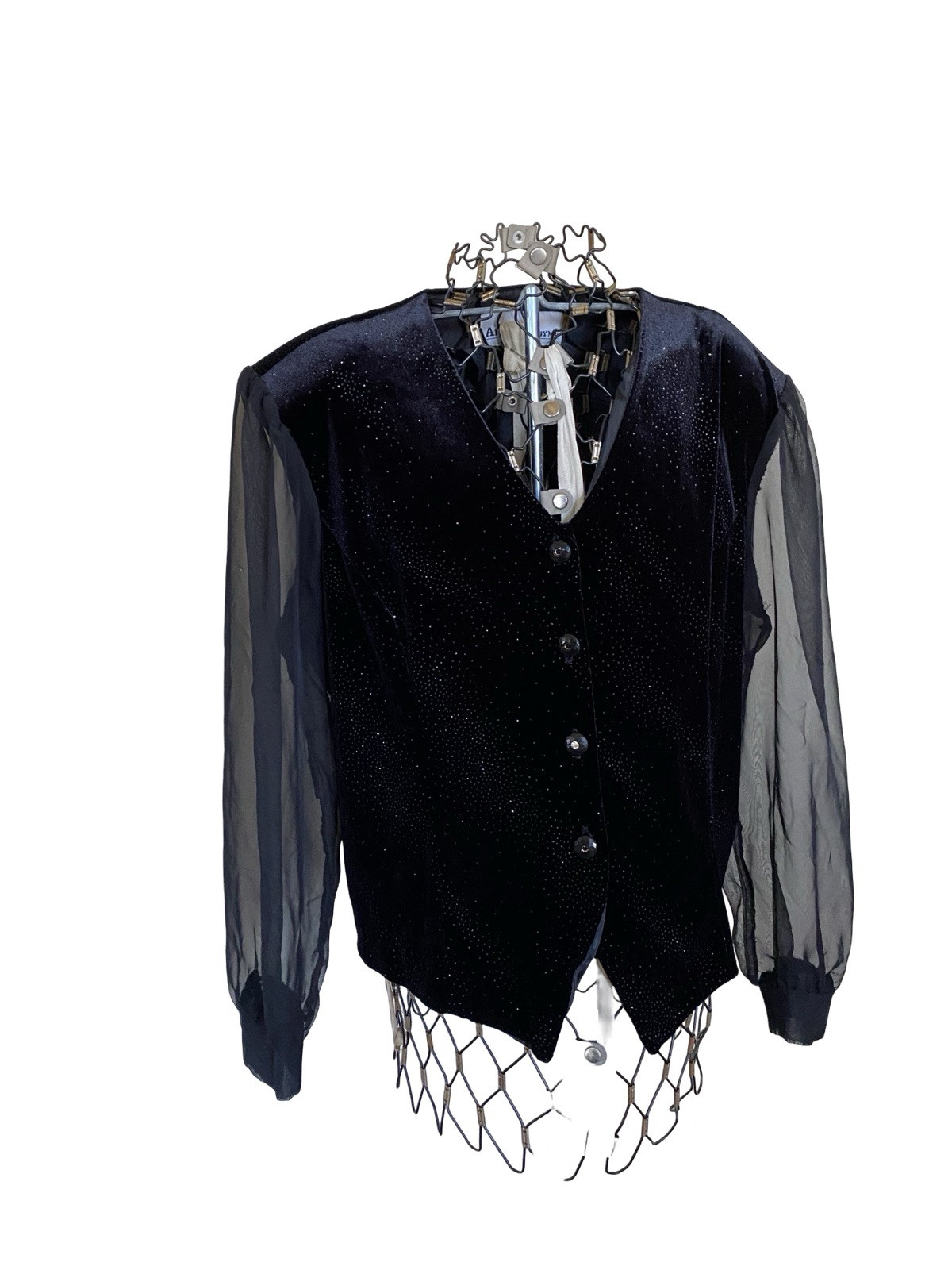Another Thyme Women&rsquo;s Black Vintage Velvet Sheer Sleeve Satiny Blouse Goth