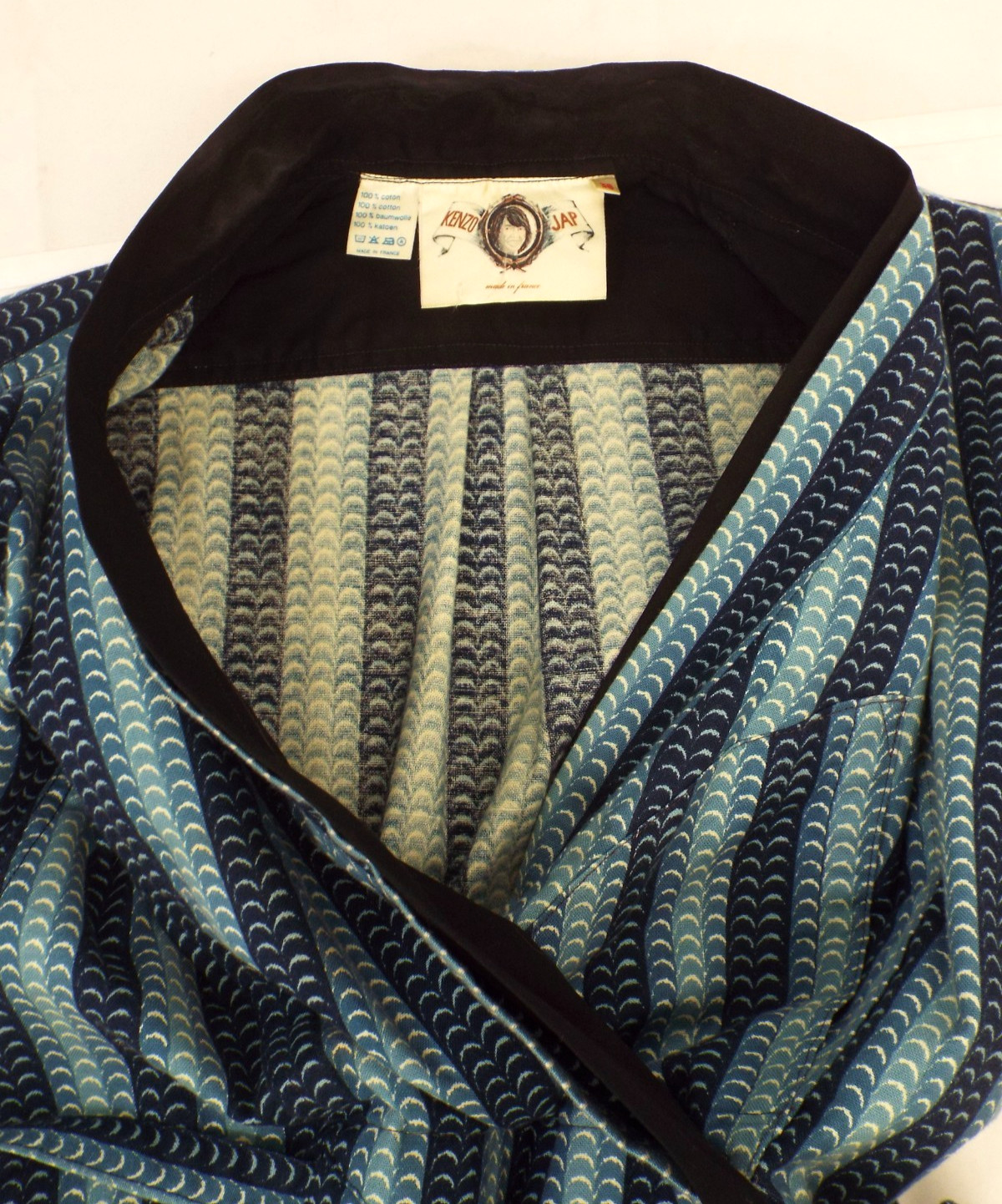 Vintage 1970s KENZO Jap Kimono Long Robe Dress 38 Blue Cotton Wrap Front Belt