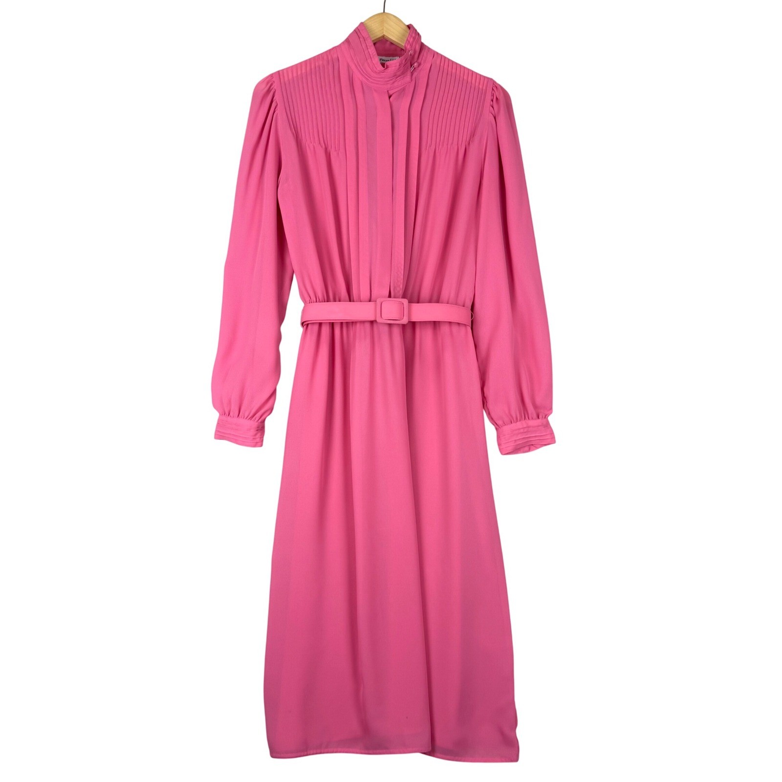 Vintage Pink Pleated High Neck Belted Midi Dress Womens Secretary 70s 80s Barbie