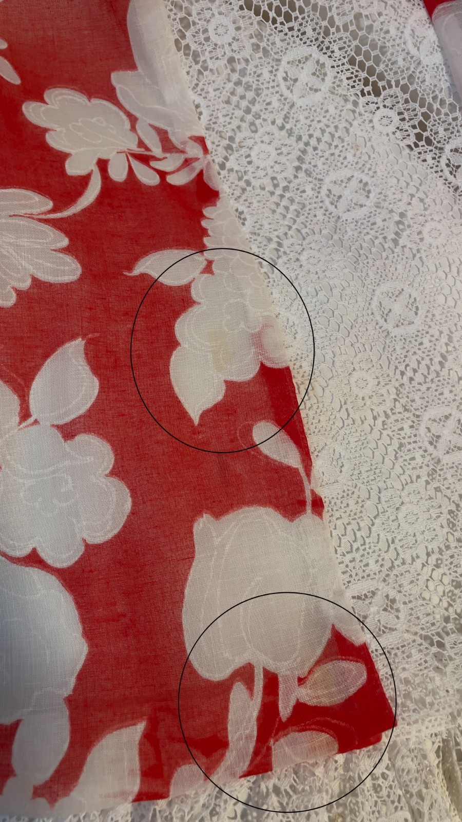 Vintage 70s Unique Full Length Red White Cotton Polyester Lace Dress