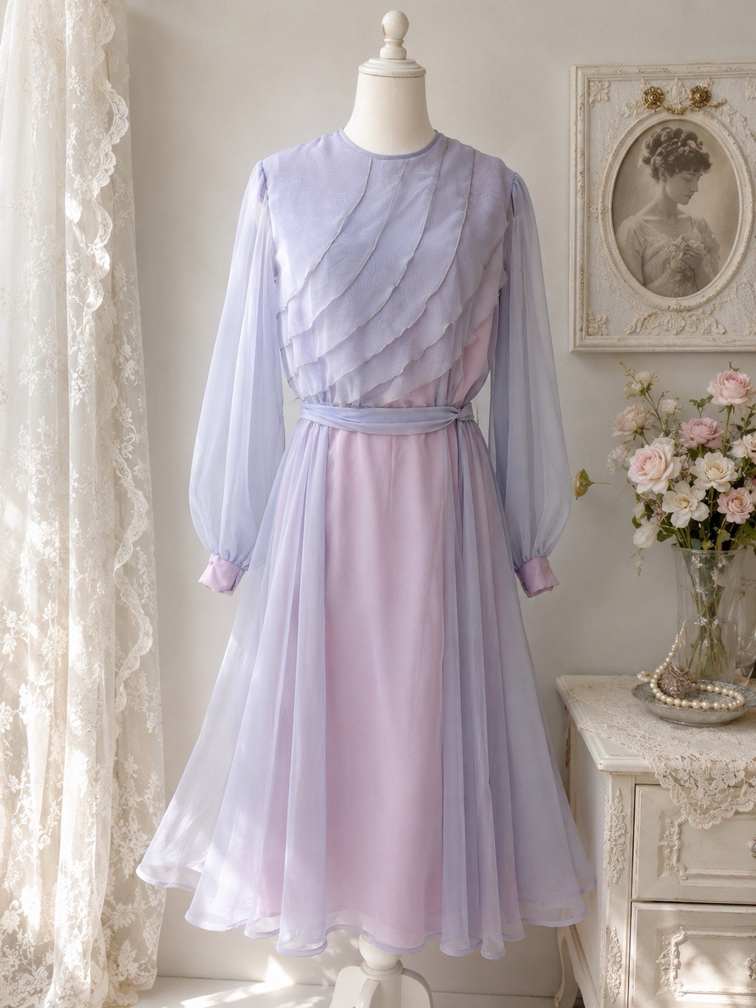 VTG 1950s Lavender Chiffon Maxi Dress USA Regency Boho Fairy Prairie Sz 38 (8-10