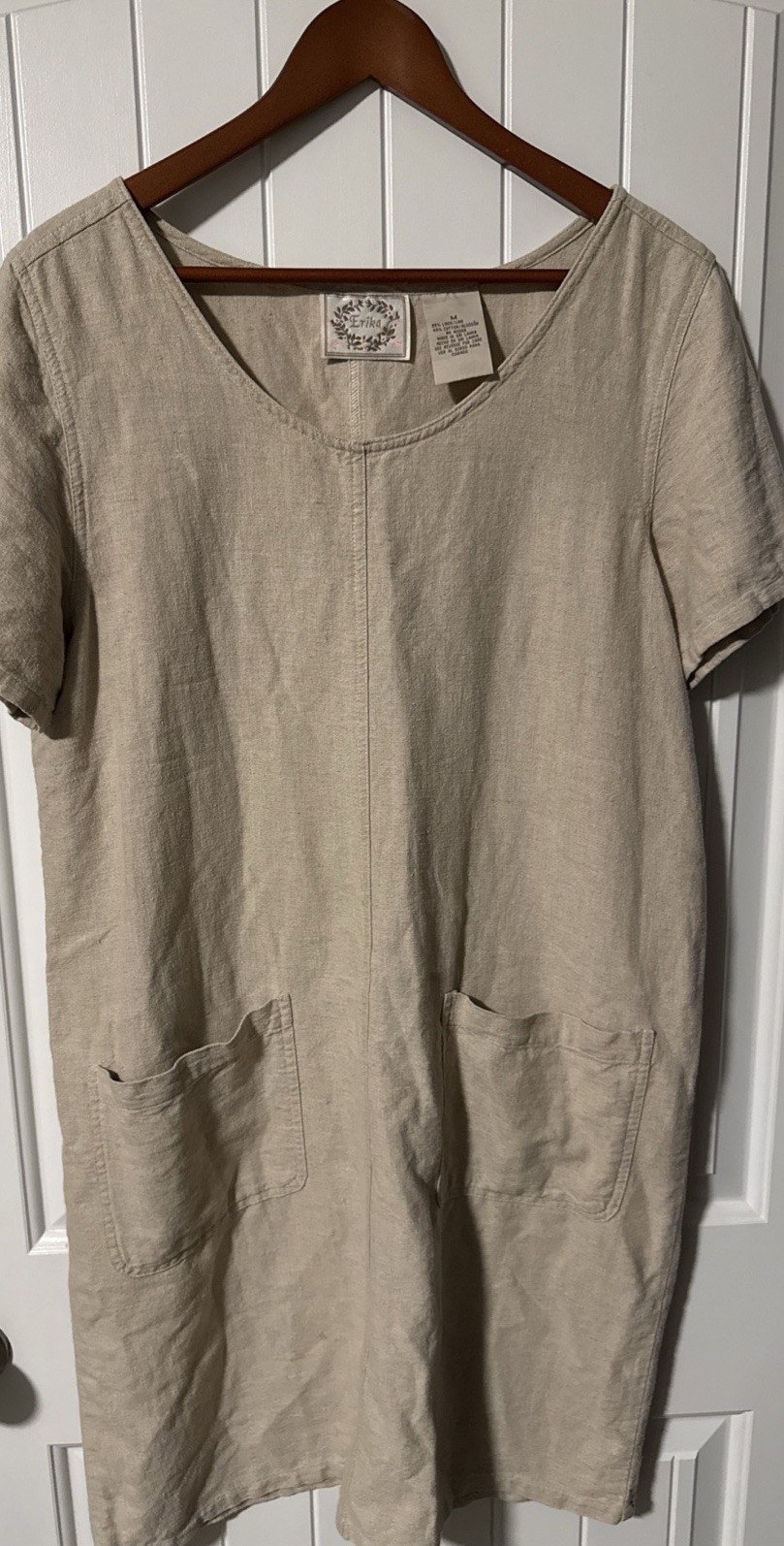 Women’s Vtg Erika Lagenlook Linen Blend Shift Dress Sz M Pockets Boho Chic Artsy
