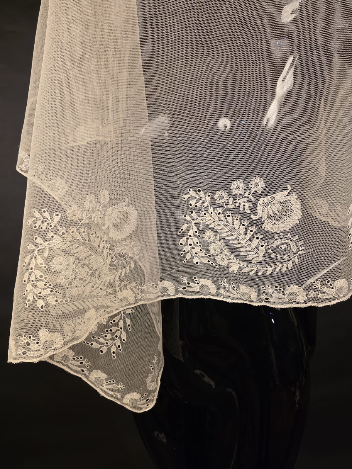 ANTIQUE 1820’S HANDMADE LACE WEDDING BONNET VEIL W FLORALS + OWNERS ID FOR DRESS