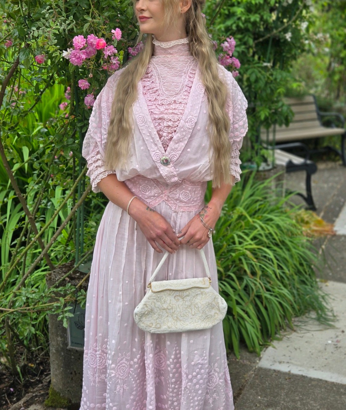 1910 Edwardian Cotton And Lace & Roses! PINK tea Dress, 26&Prime; Waist. Rare Beauty!