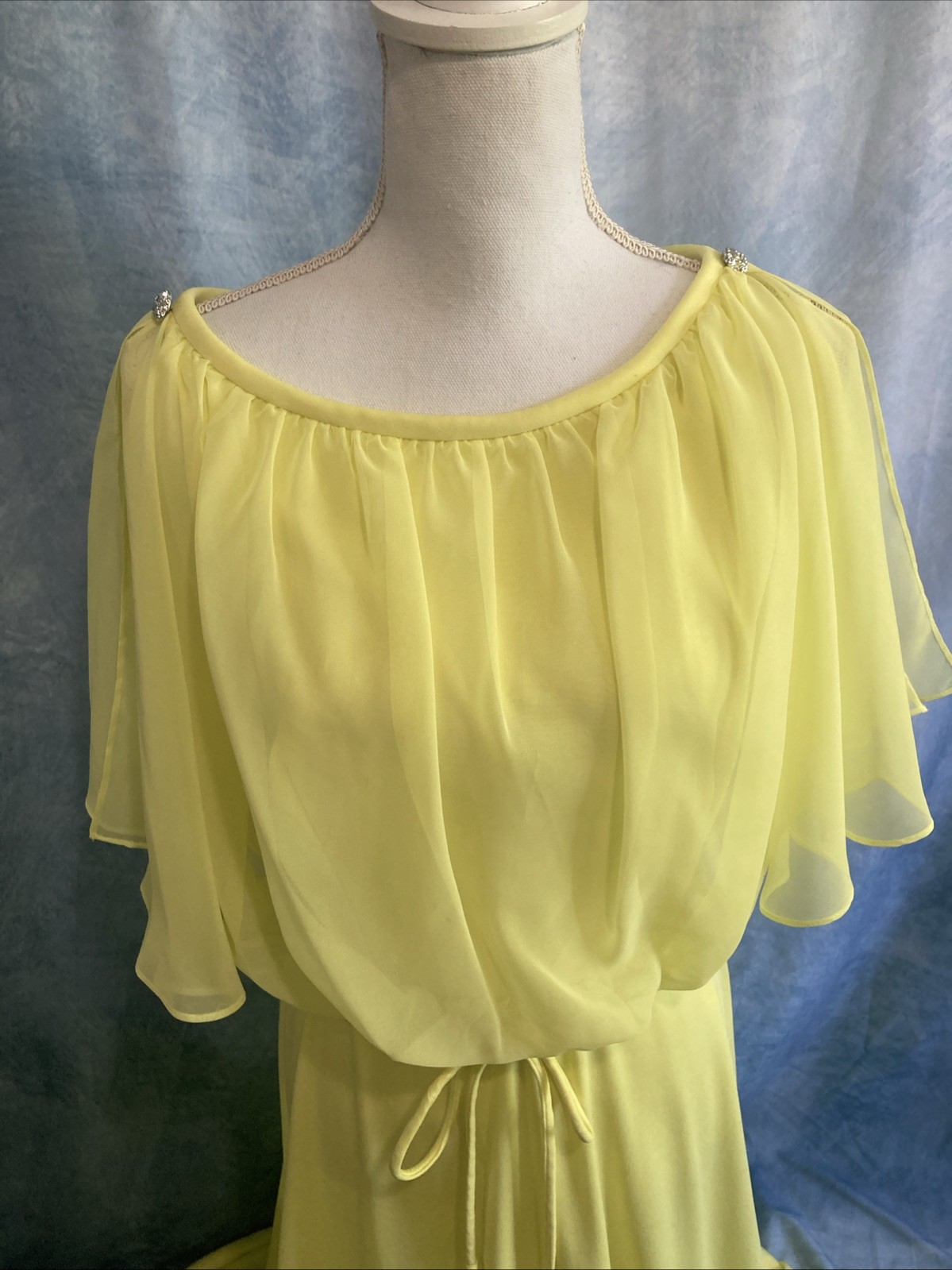 Vtg 70s Grecian Disco Maxi Dress Neon Yellow Chartreuse Chiffon Overlay Gown XS