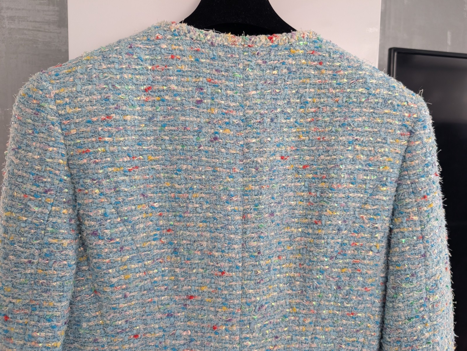 Chanel 1997 Confetti Fantasy Tweed Coat Blue Jacket Camellia Print Silk Dress 40