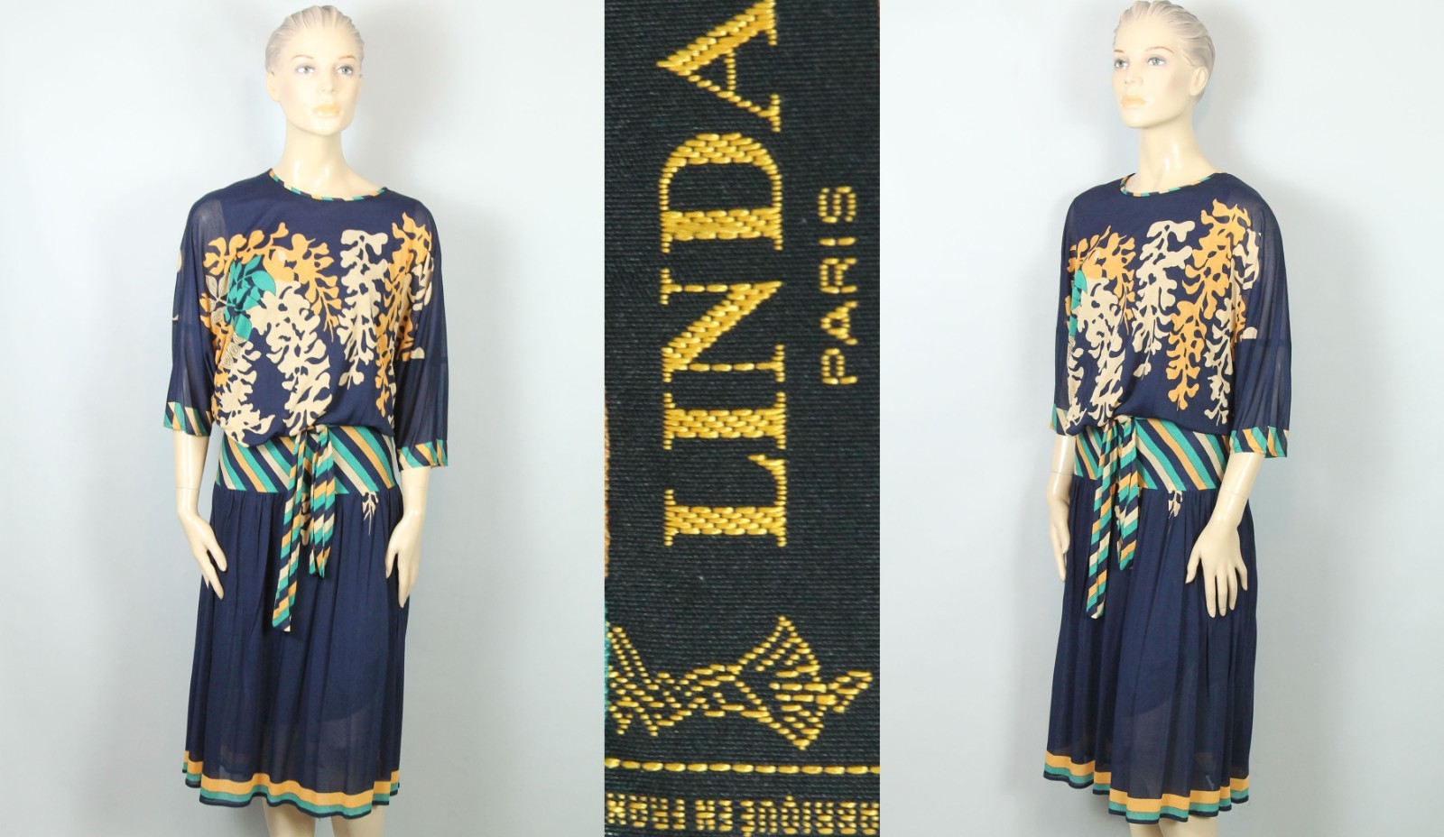 Vtg LINDA Paris Made in FRANCE 2pc Dress Set Top Blouse Midi Skirt M/L