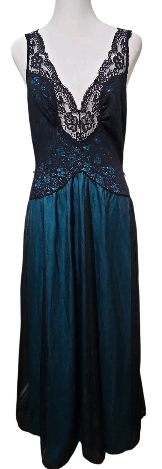 Rare Vtg Olga 92220 Teal Black Lace Overlay Maxi Nightgown Romantic Goth Medium
