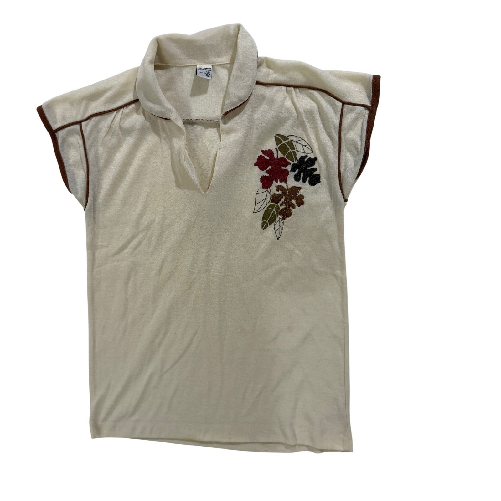 Vintage 1970s Cream Floral Cap Sleeve Polo Top XS