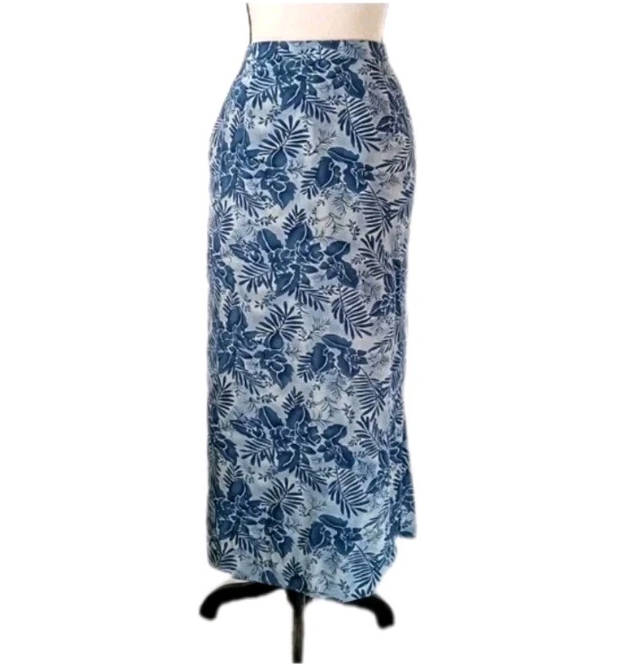 Vtg PENDLETON Womens 8 Blue Silk Floral Long Split Back Button & Zip Skirt NWT