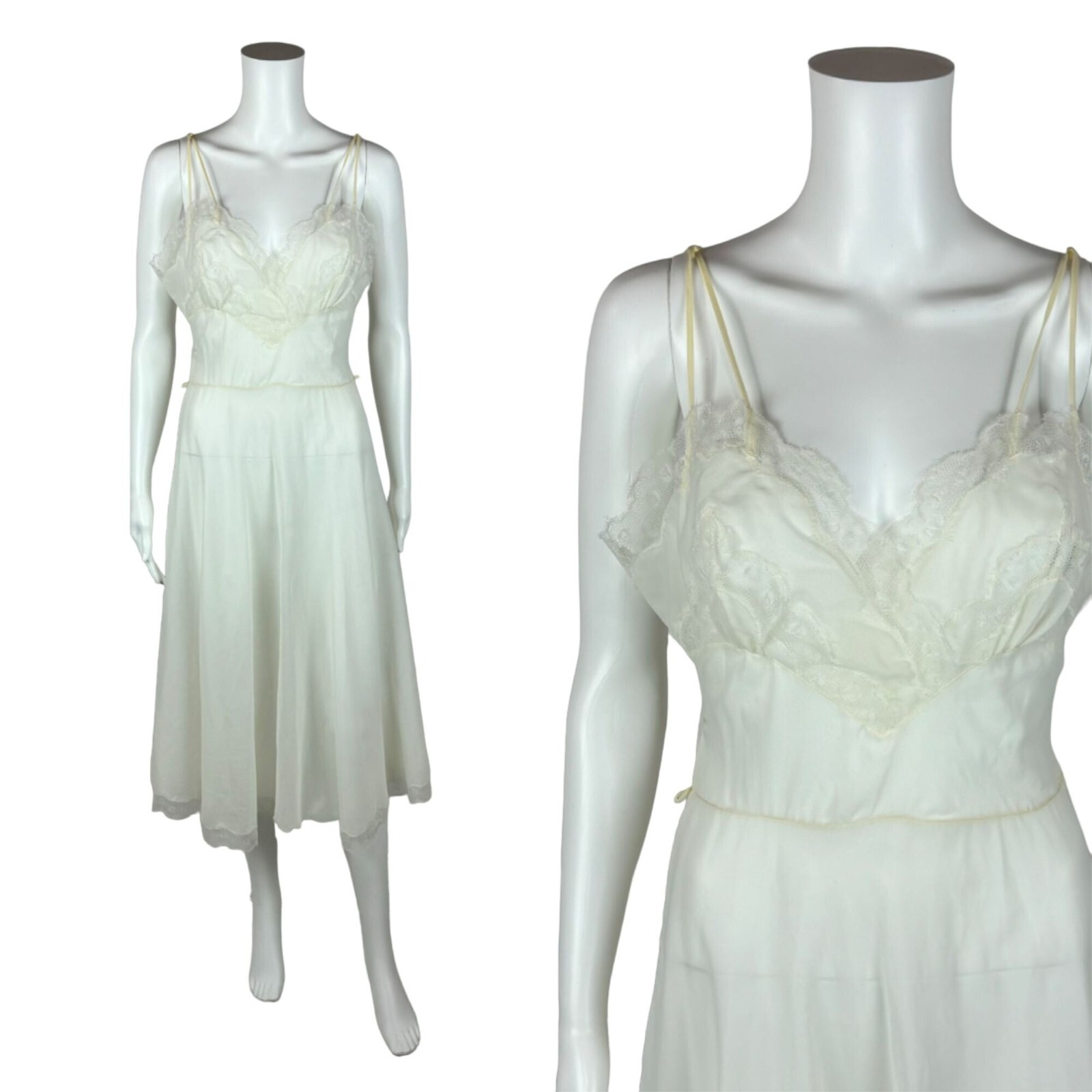 Vintage Lace Slip Women&rsquo;s Small Sheer White Lace Fit And Flare Nylon Dress