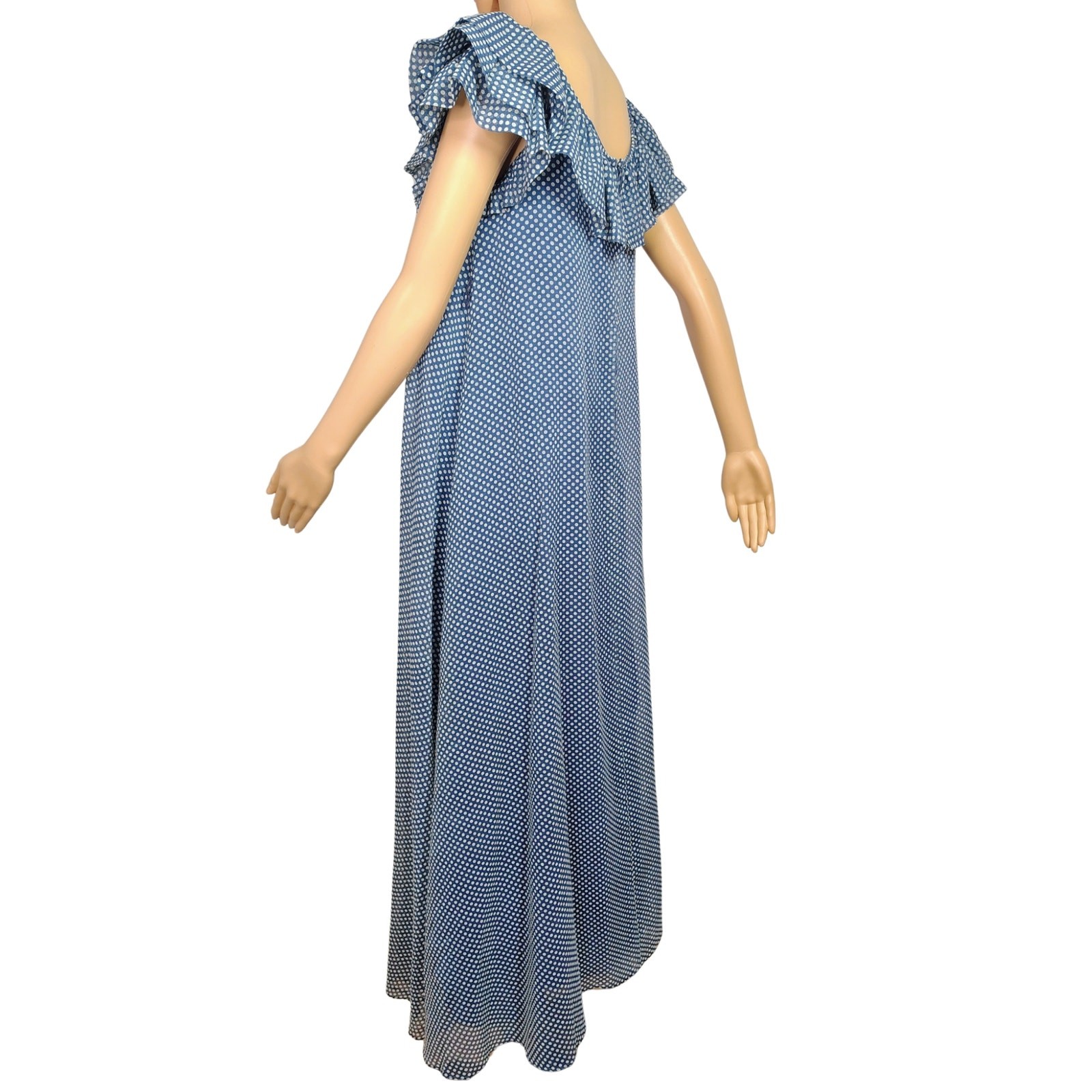 70s Joseph Magnin Blue Polka Dot Evening Gown Maxi Ruffled Neckline Dress Size 8