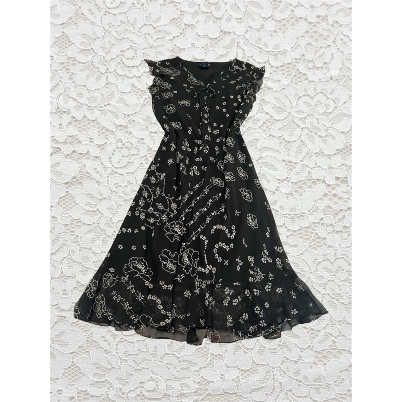 vintage black & white floral beaded midi dress with ruffle sleeves
