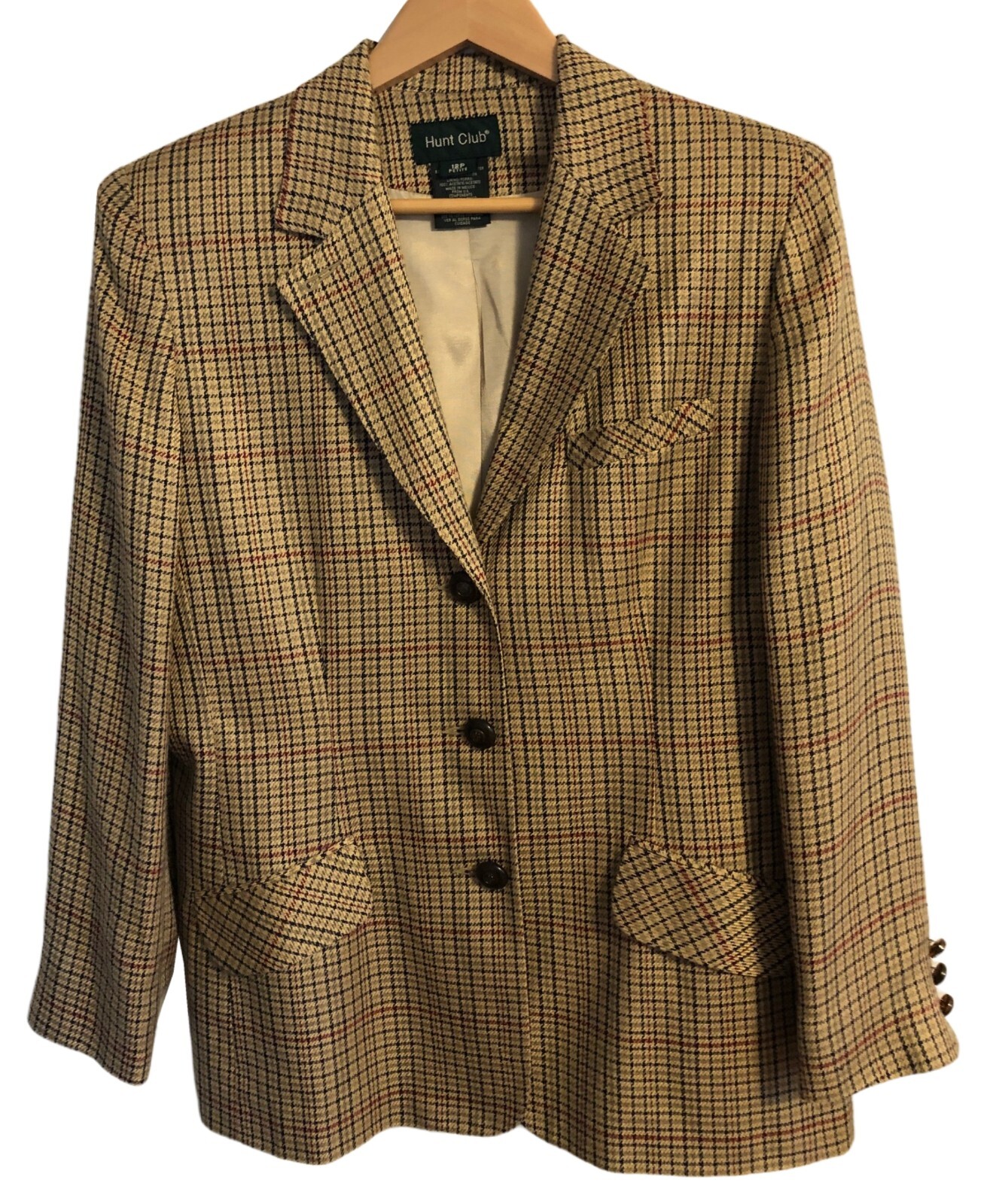 NEW vintage HUNT CLUB Plaid Beige Blazer Sz 12P NWT Lined Pockets Classic