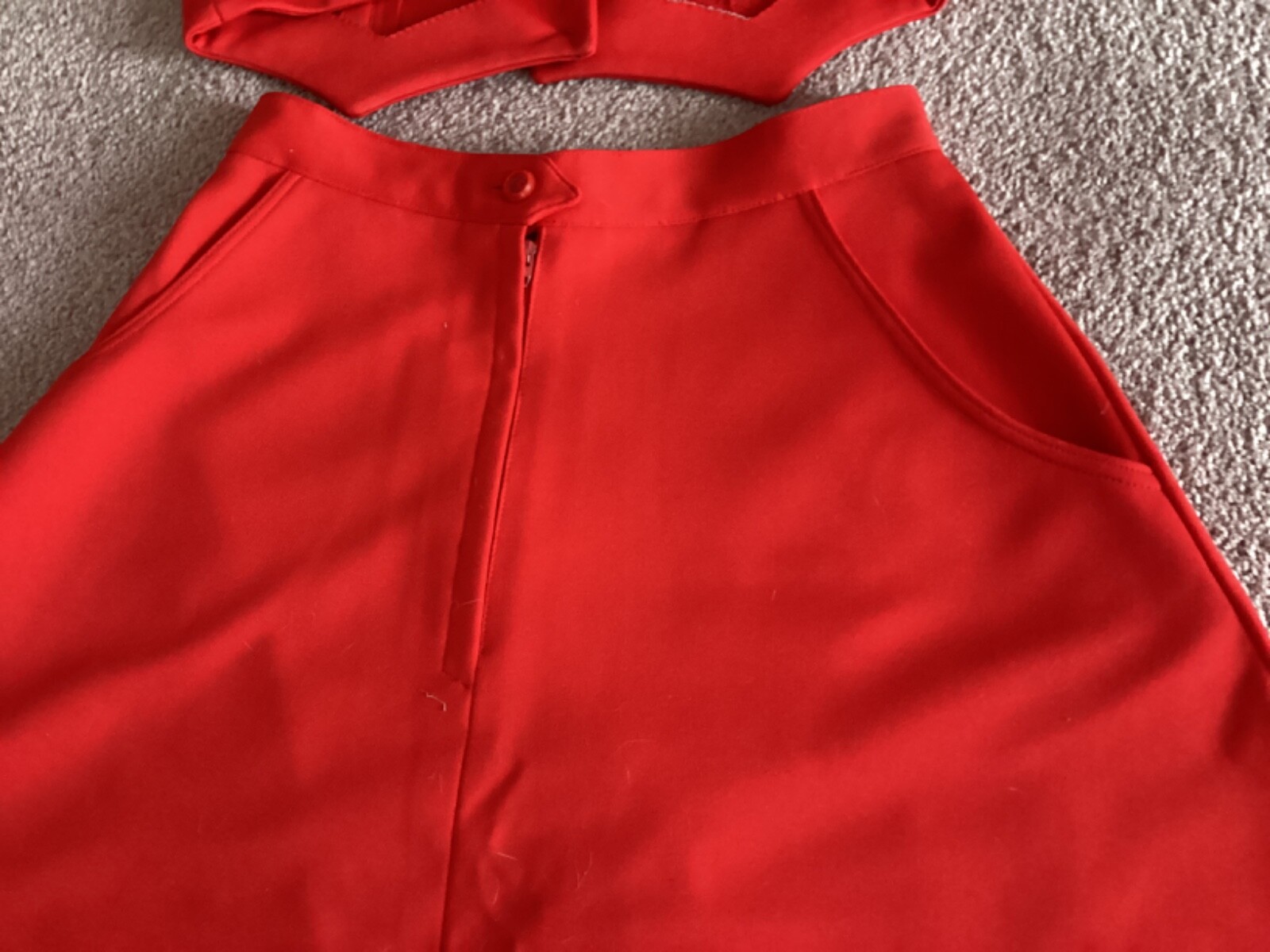 Vtg 70s Double Knit Polyester Vest & Skirt Set Red Handmade