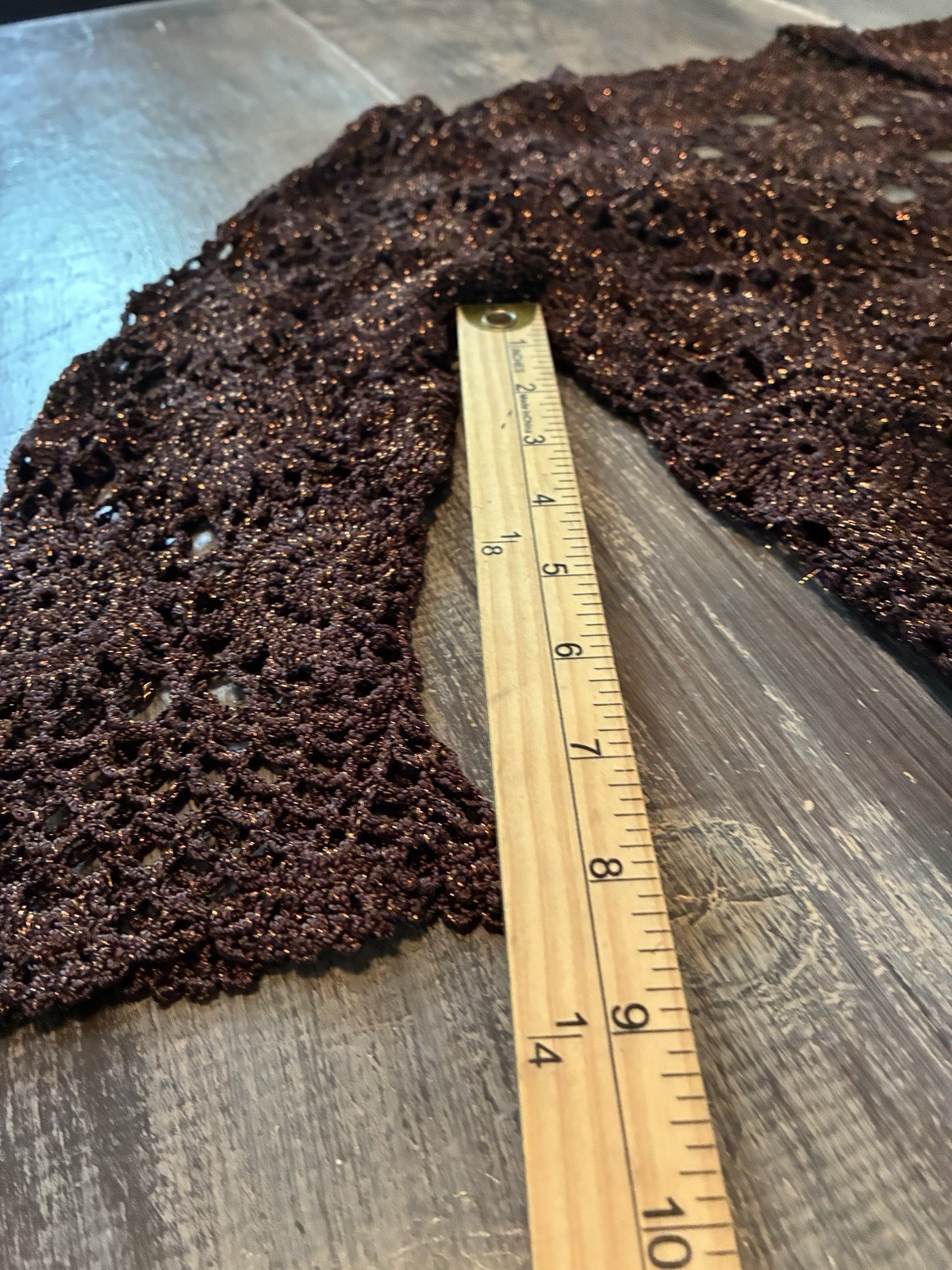 Women’s VTG Copper Brown Crocheted Cardigan Top Small Petite Boho Rodeo