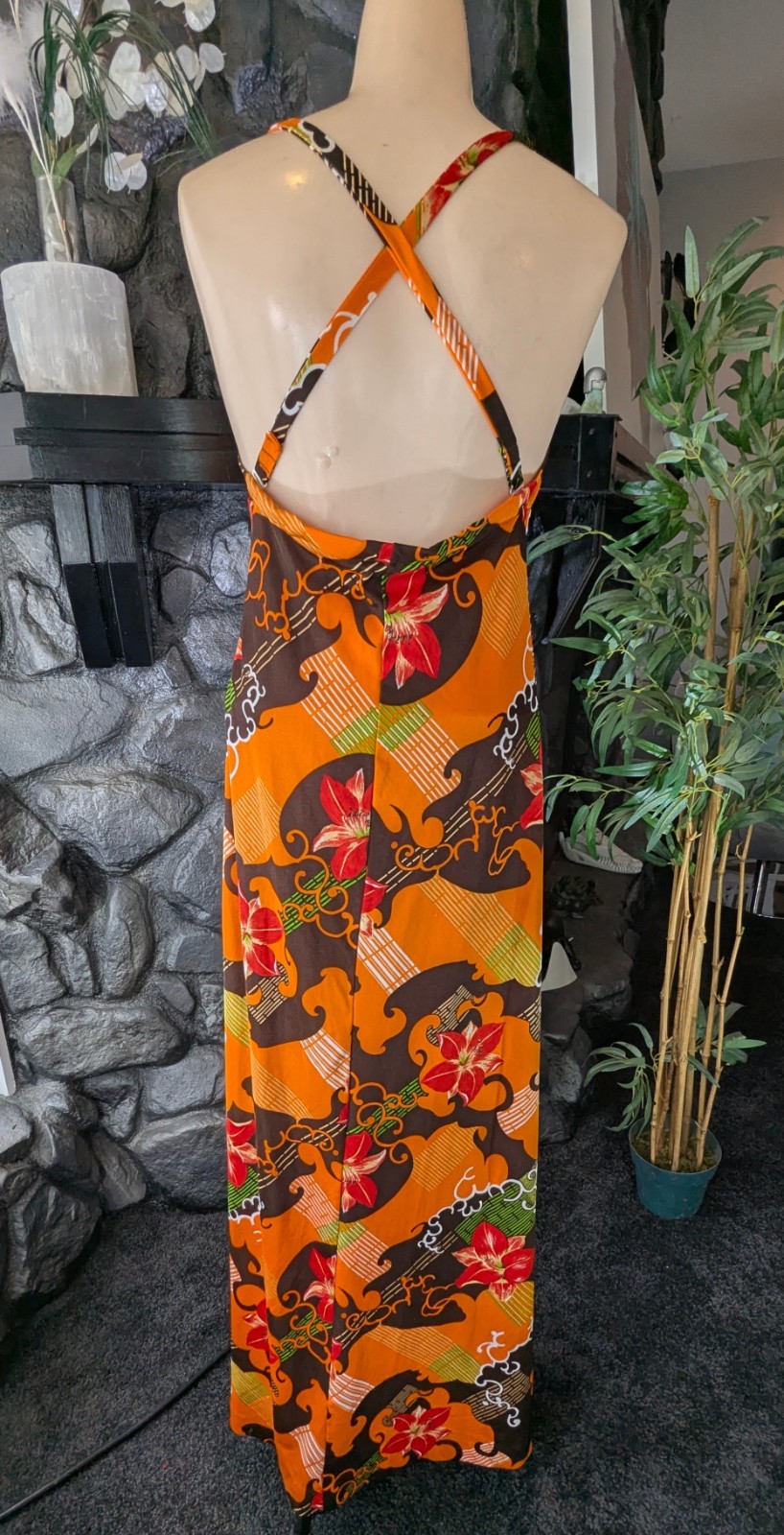 Vintage 1970s Jonathan Logan Halter Maxi Dress Hawaiian Floral Poly Knit Size XS