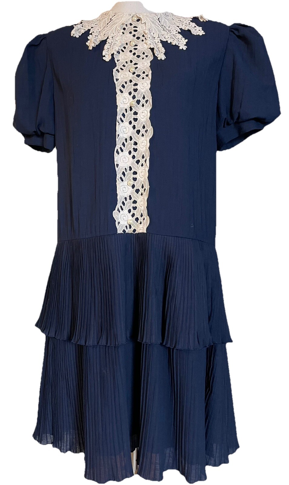 Vtg Young Woo Pleated Dress Sz L Navy Puff Sleeve White Lace Whimsigoth Classic