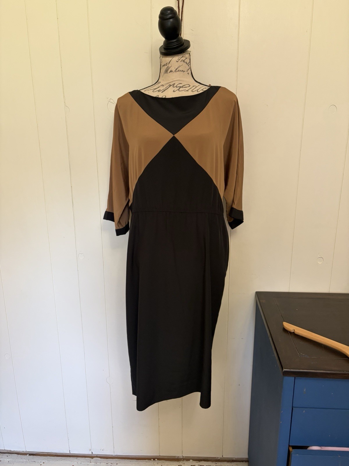 Coco California 1X Vtg 80s Art-Deco-to-Wear Black+Brown Color Block