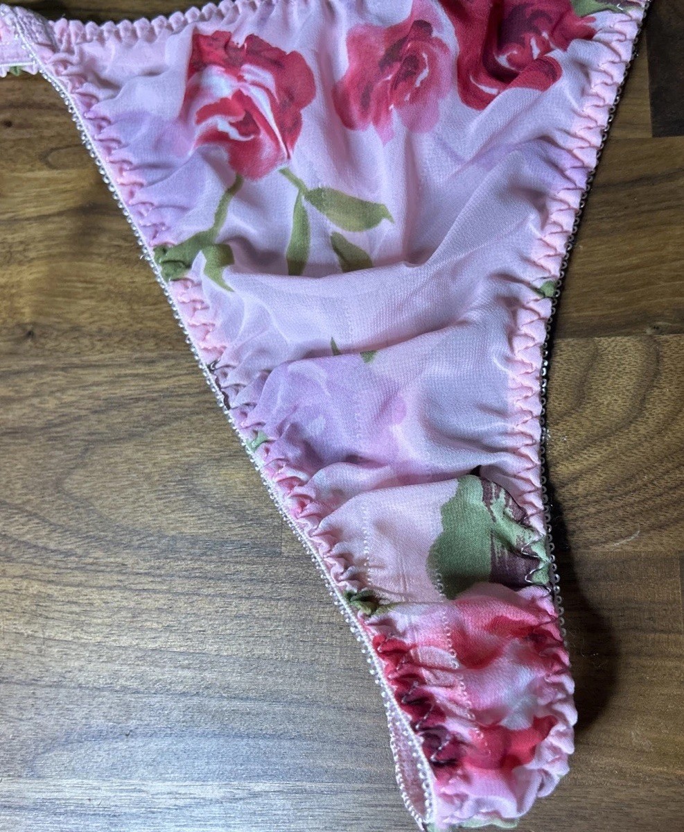 Vintage V String Thong Panties Nylon Chiffon M High Cut Pink Roses Second Skin