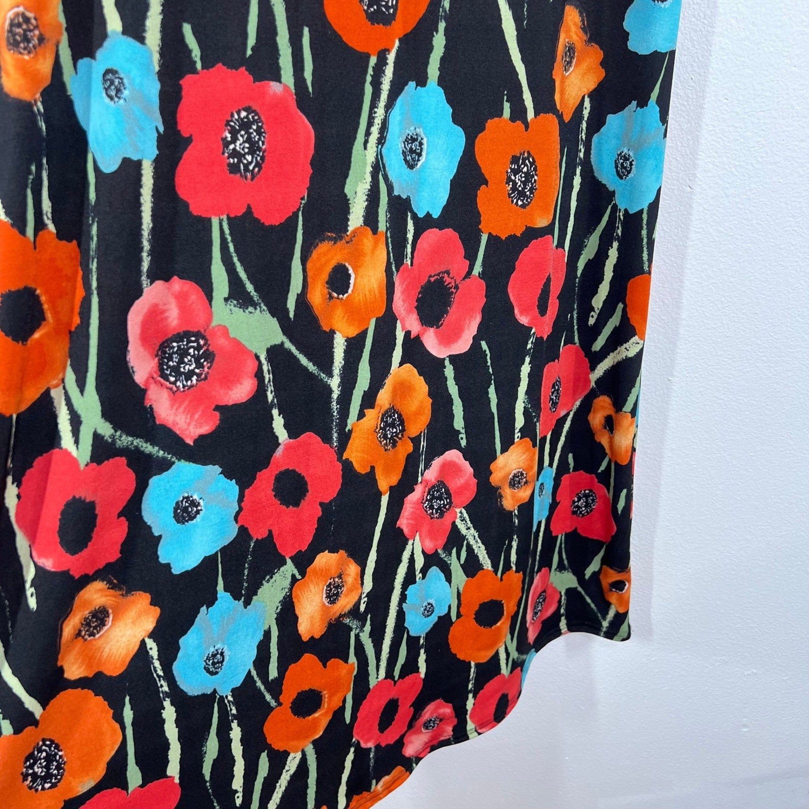 Vtg. Jostar Poppy Floral Travel Maxi Dress Slinky Stretch Knit Short Sleeve USA