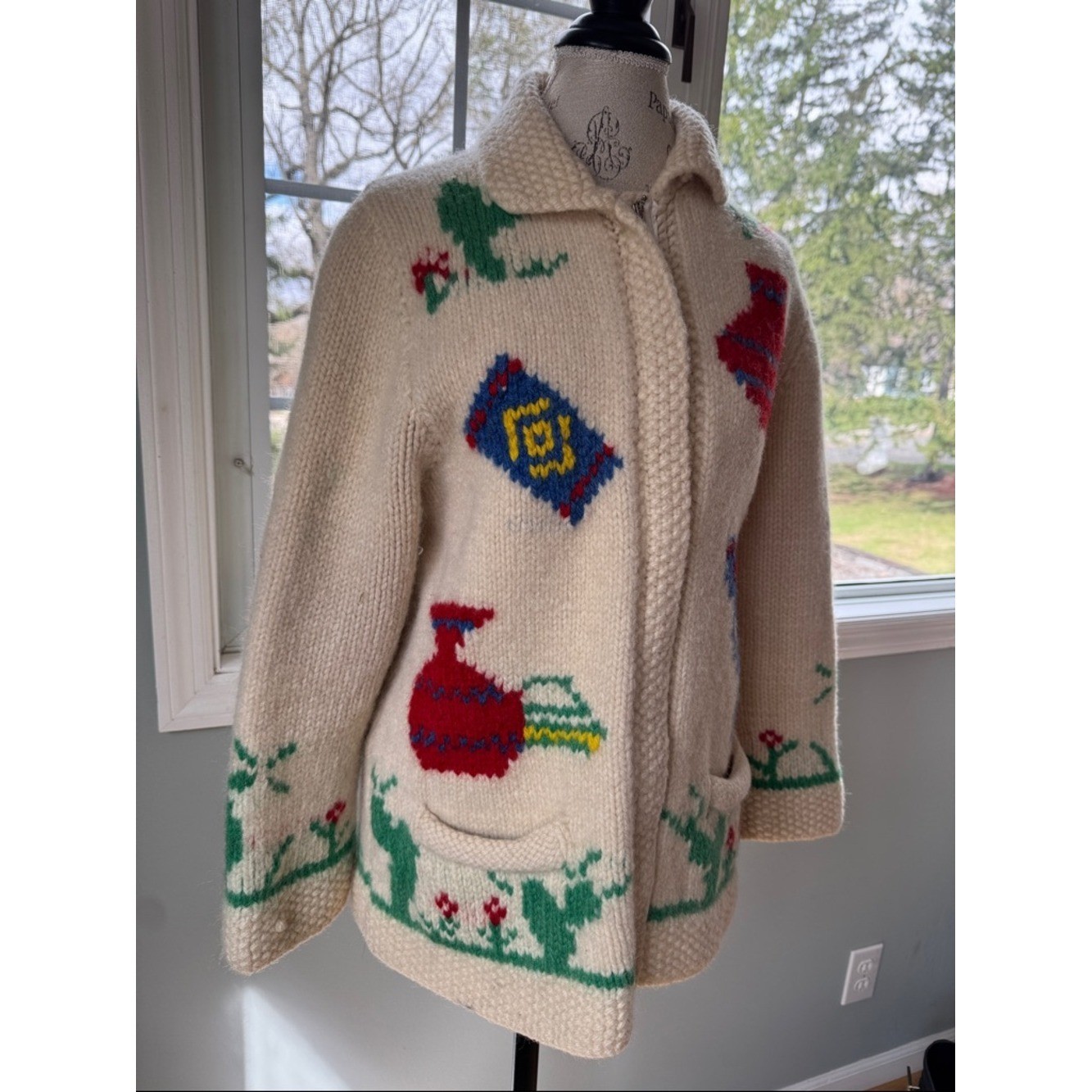Hand knitted 1950&rsquo;s vintage wool cowichan Mexican cactus burrow metal zip cardi