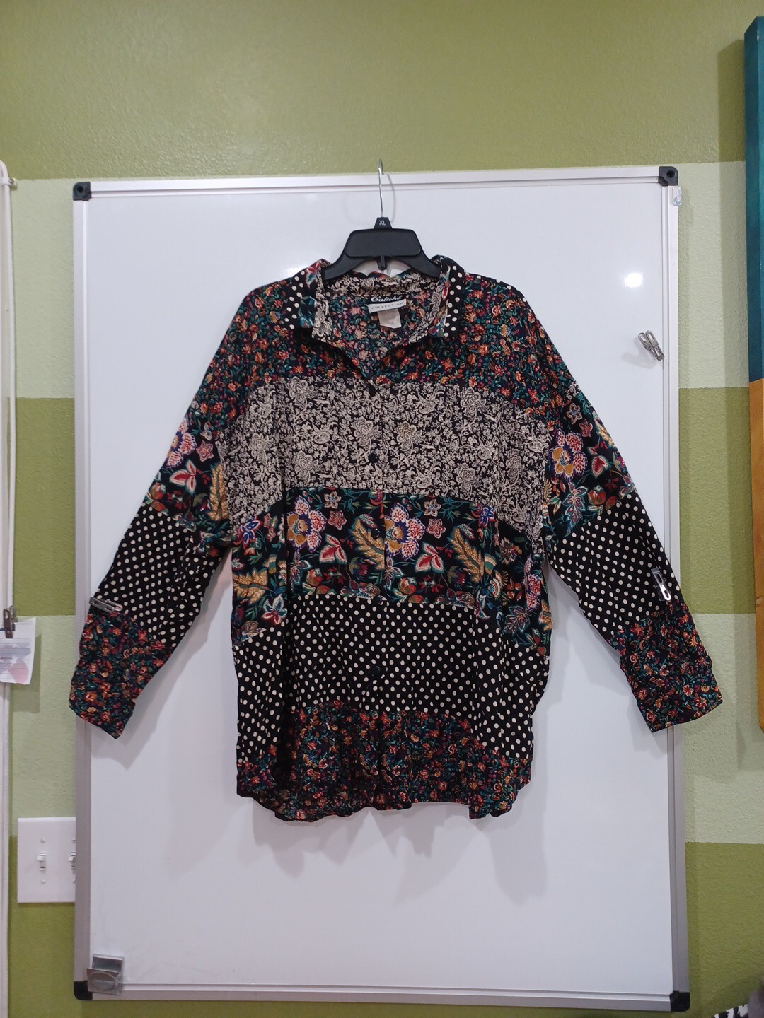 Vintage Caliche 44/24W Women&rsquo;s Boho Multi-pattern Long Slv Hippie Blouse