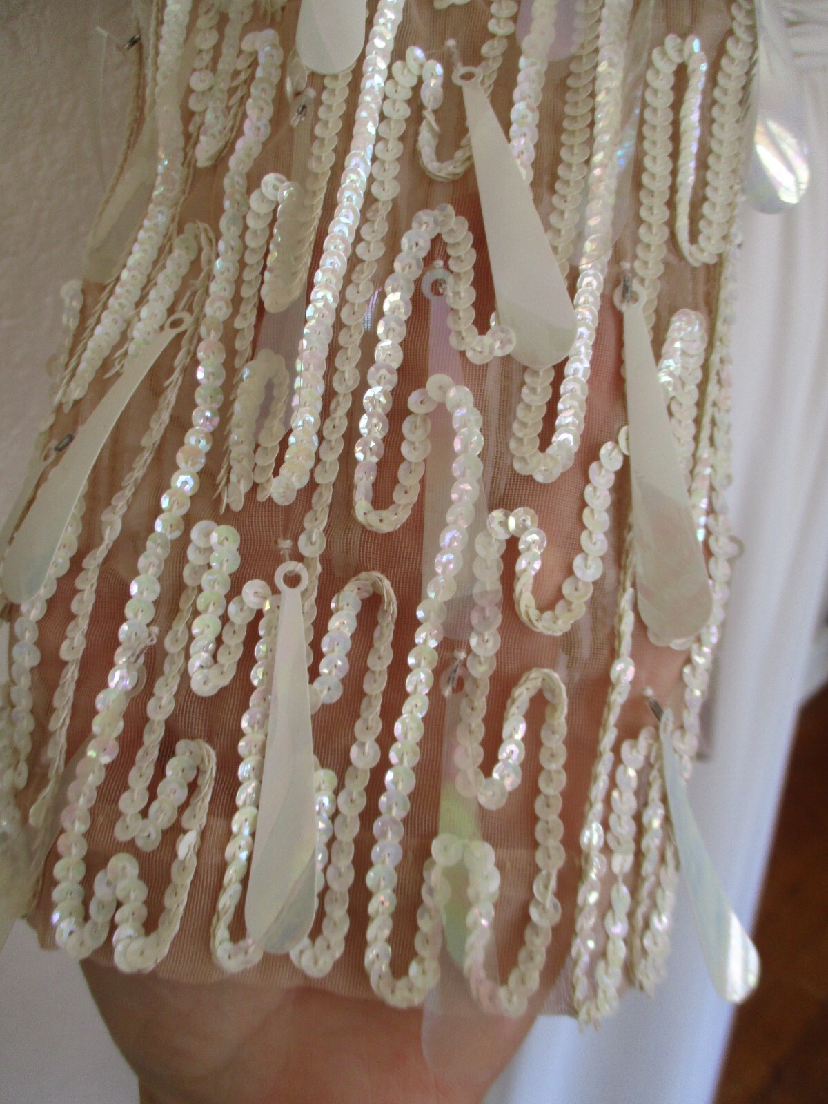 Vtg 70s Lilli Diamond Maxi Dress Gown XS/S Ivory Drop Sequin Statement Sleeves