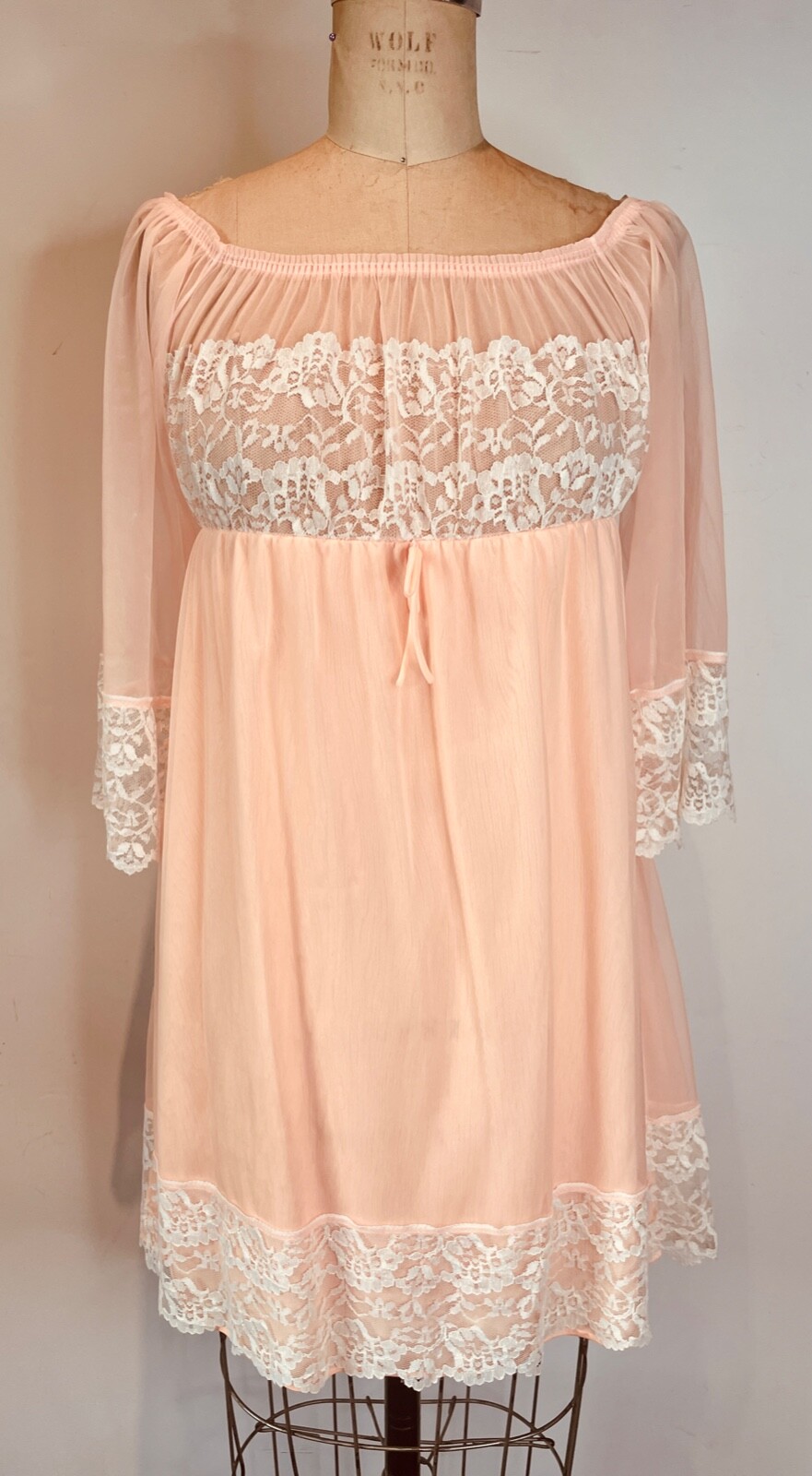 VTG 60&rsquo;S MOD GO-GO GODDESS PEACH CHIFFON&LACE BABYDOLL NIGHTGOWN NEGLIGEE*XS/S