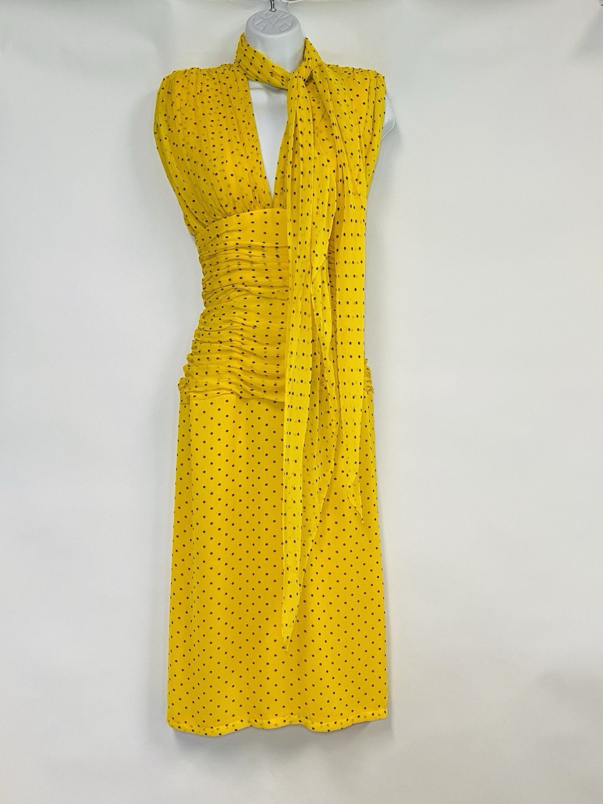 WAYNE CLARK Vtg 80s Yellow Brown Polka Dot Chiffon Draped Dress Floaty Scarf W30