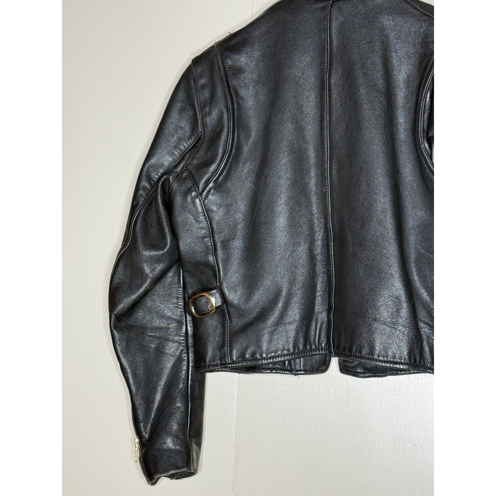 Schott-style heavyweight leather moto jacket single rider black vintage