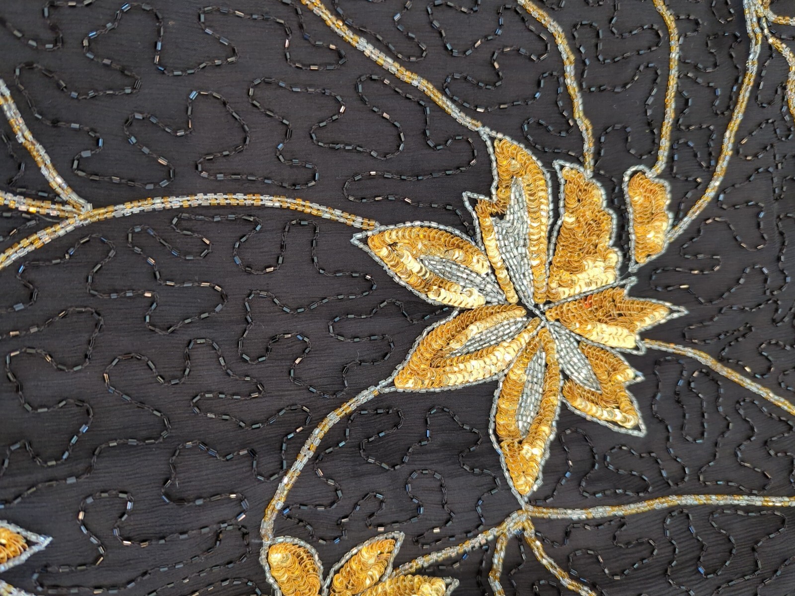 Vintage 80s Stenay black and gold sequin beaded silk blouse top M