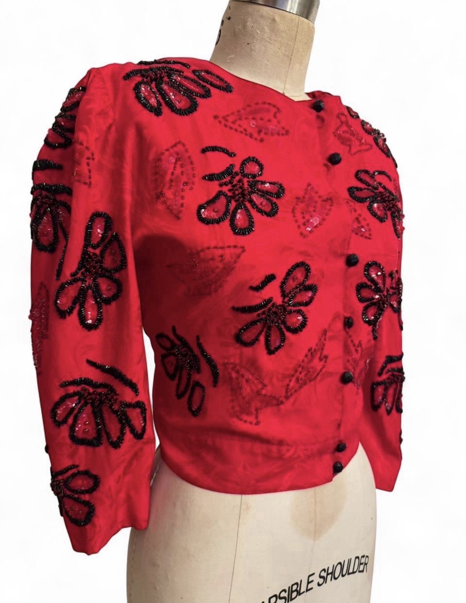 Vintage Red silk puff sleeve Beaded sequin Button down floral bolero jacket coat