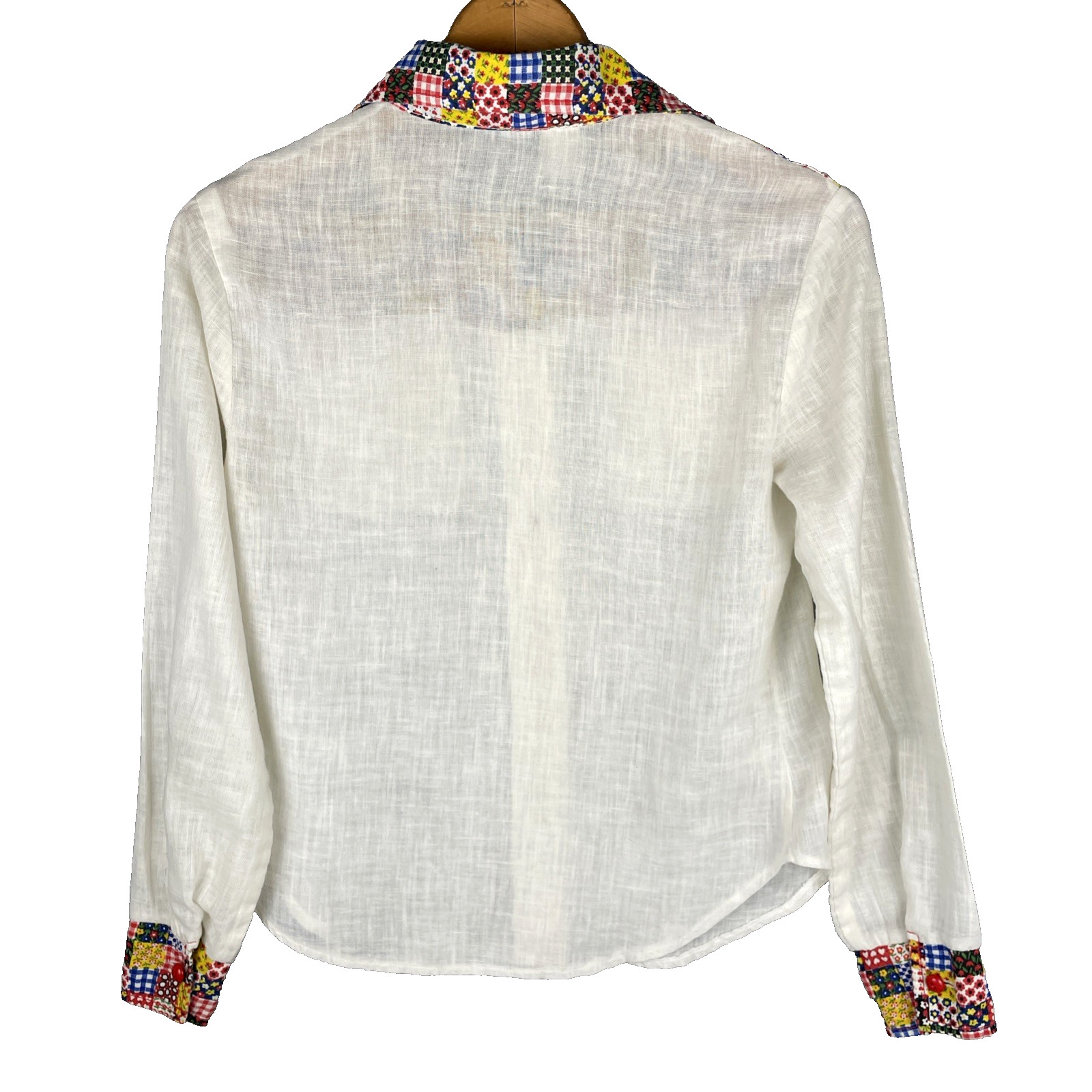 VTG 70s Patchwork Western Shirt Womens S Ivory Folk Boho Cowgirl Blouse