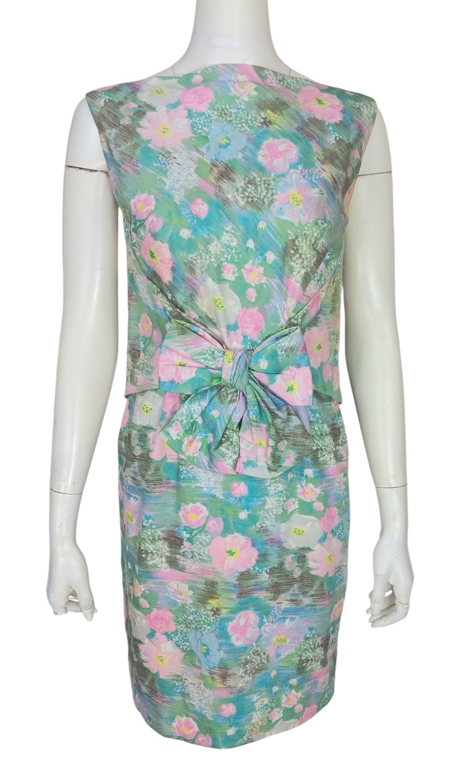 Vintage 60&rsquo;s No Label Sz 6 Watercolor Floral S/l Bow Waist Popover Dress