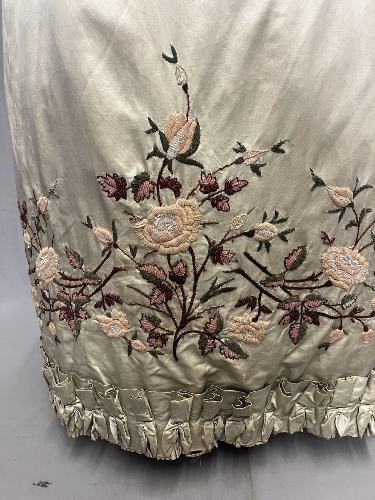 1880’s Light Celery Green Silk Bustle Skirt – Heavy Embroidered & Beaded Florals