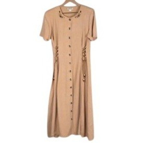 VTG Scarlett Button Front Lace Up Corset Waist Beaded Midi Dress Sz 7 Tan USA