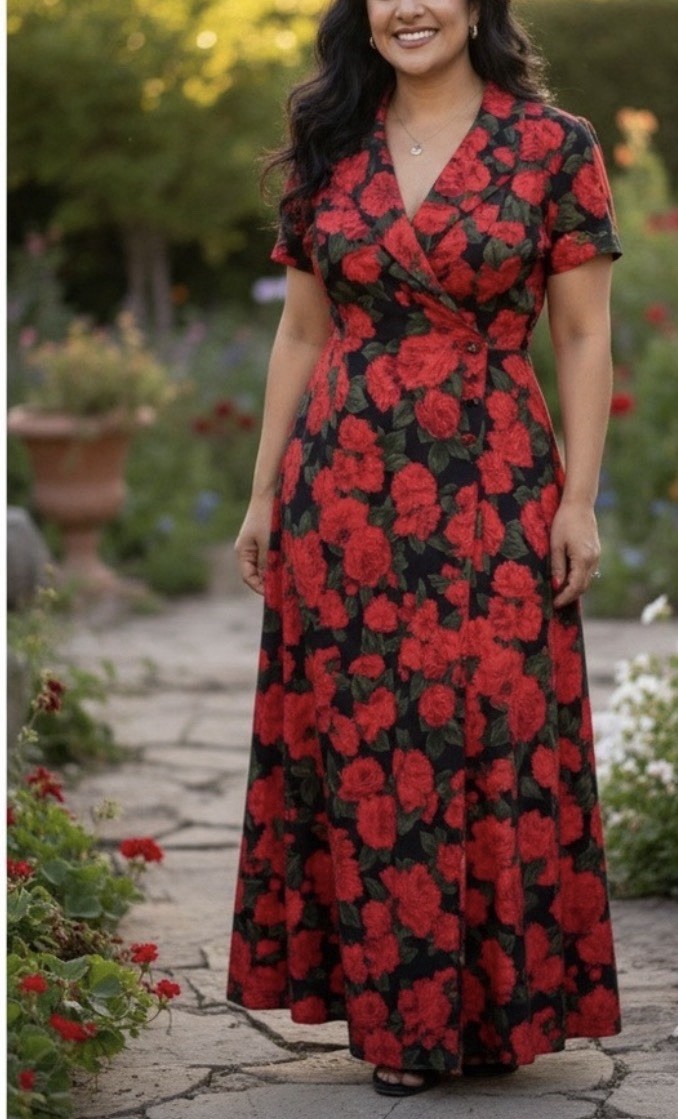 Vintage Black & Red Floral Maxi Dress V-Neck Short Sleeve Sz 8 From Contempo