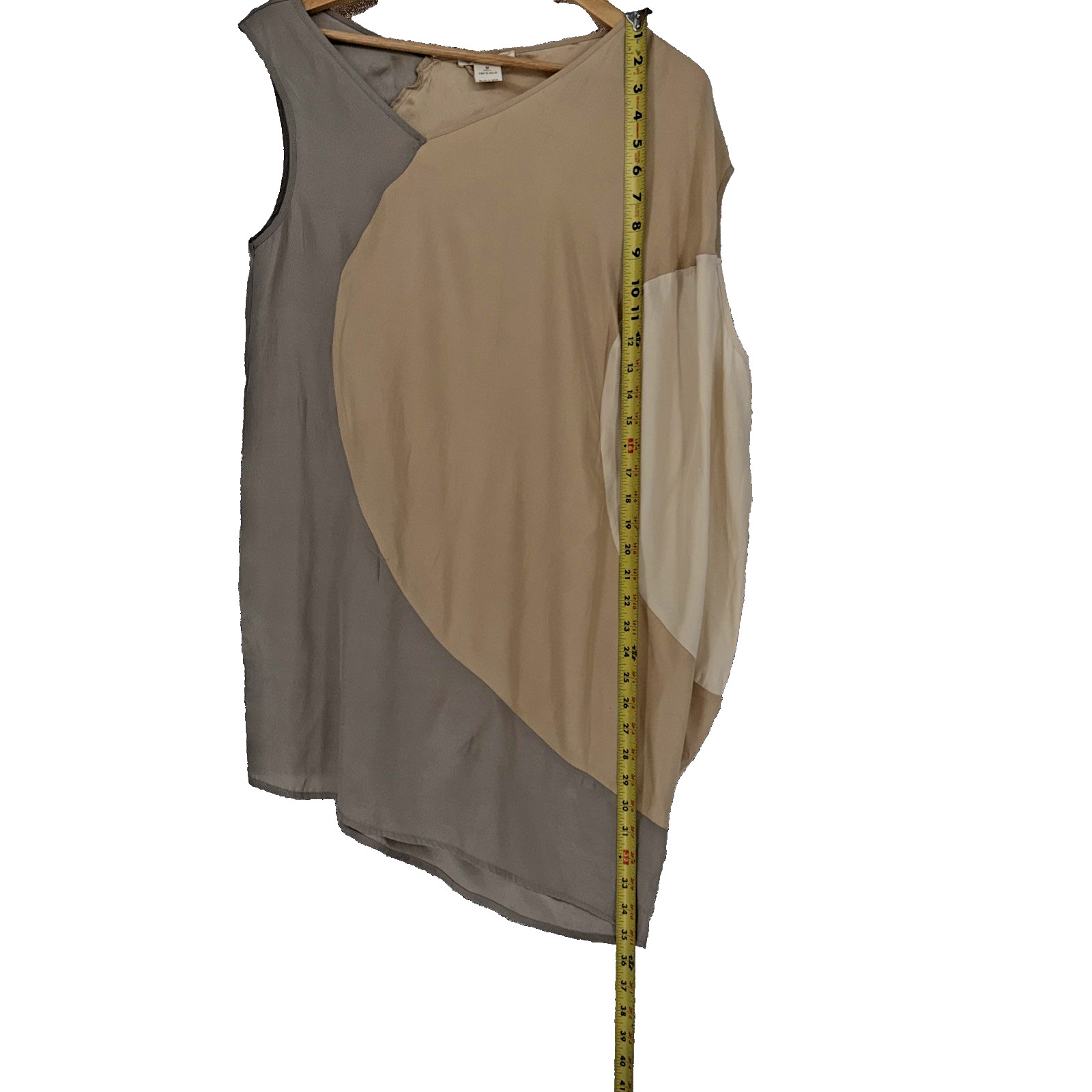 VTG Gold Hawk 100% Silk Blouse M Asymmetric Colorblock Sleeveless Top Beige USA