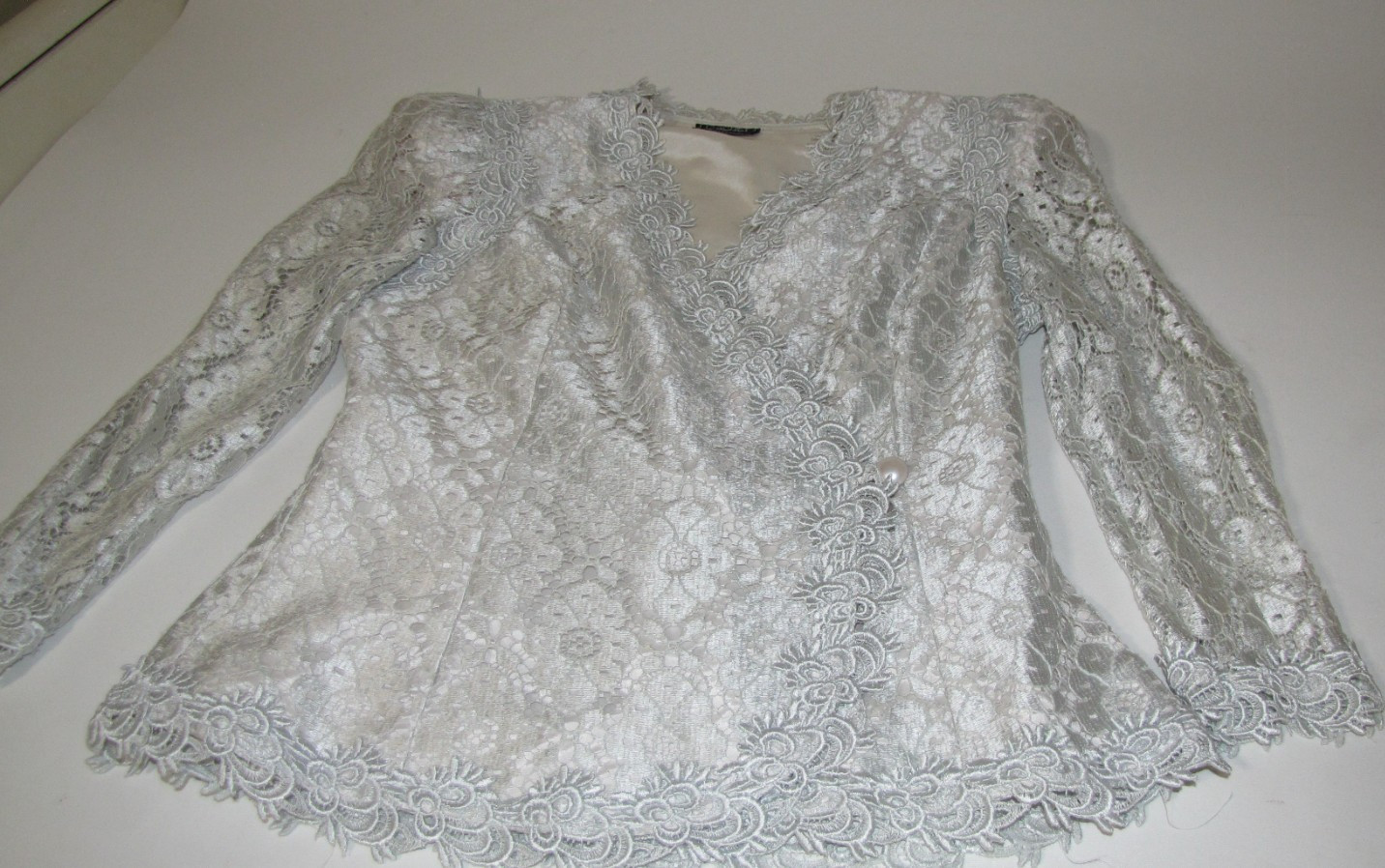 Vtg 80&rsquo;s Cachet 2 Pc.Set Jacket + Maxi Skirt Pale-aqua Lace Lined Women&rsquo;s 9/10