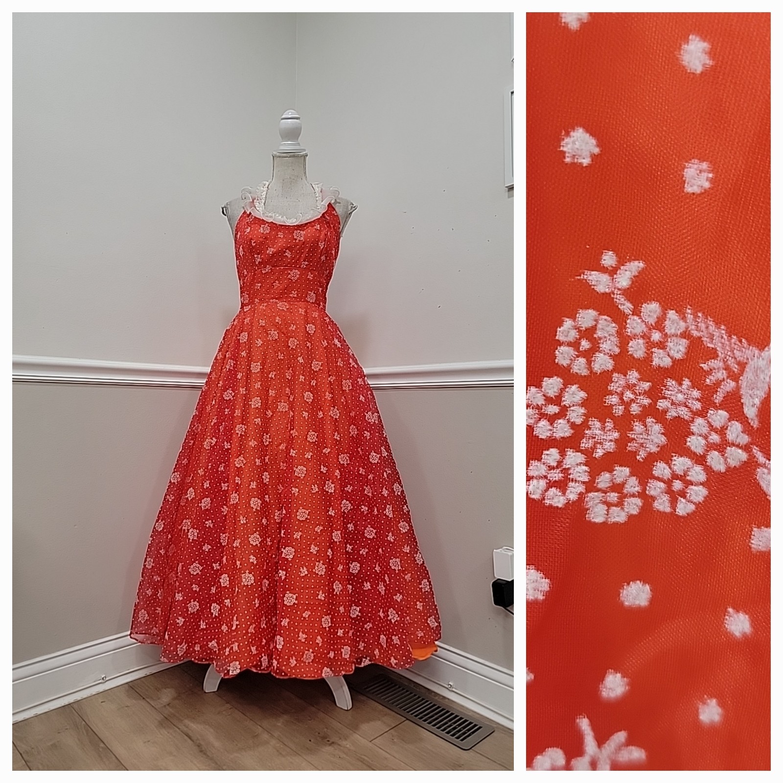 VTG Nadine Red-Orange Chiffon/ White Flocked Floral/ Halter Ruffle Dress