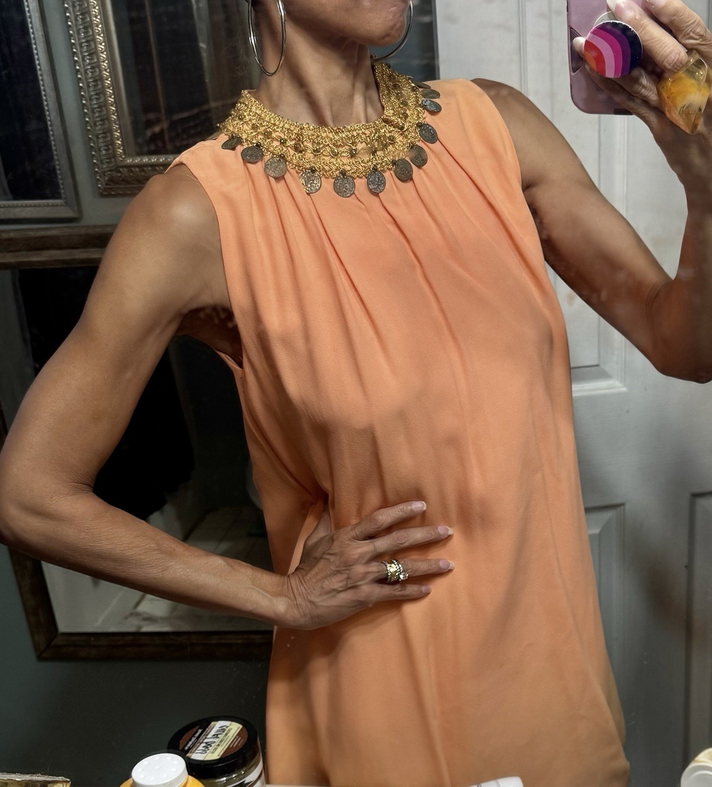 Vtg 1960 Peach Gold Coin Aline Tent Dress Mini Crepe XS S Grecian Roman