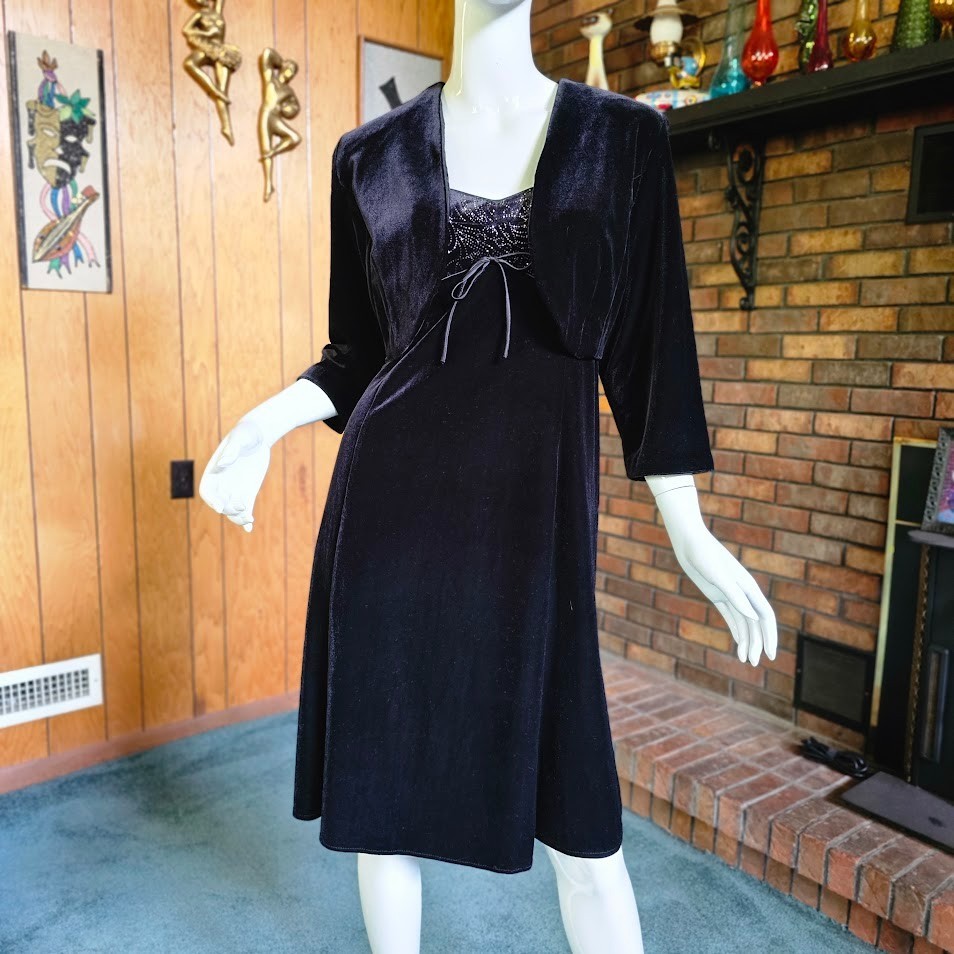 Vtg 90s Glitter Goth Jet Black Velvet Babydoll Volup Party Dress & Bolero L/XL