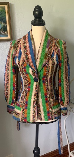 True VINTAGE 60s 70s Ruched BOHO Jacket Rainbow Blouse Belted Size S Blazer Mod