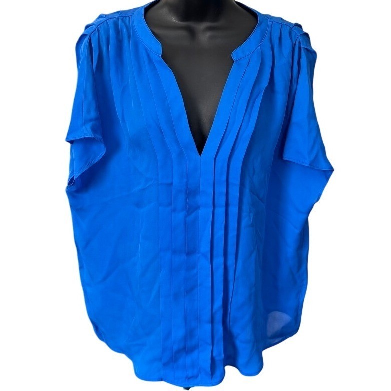 Anthropologie La Fee Verte Pintucked 100% Silk Shirt Sz M Royal Blue Sheer