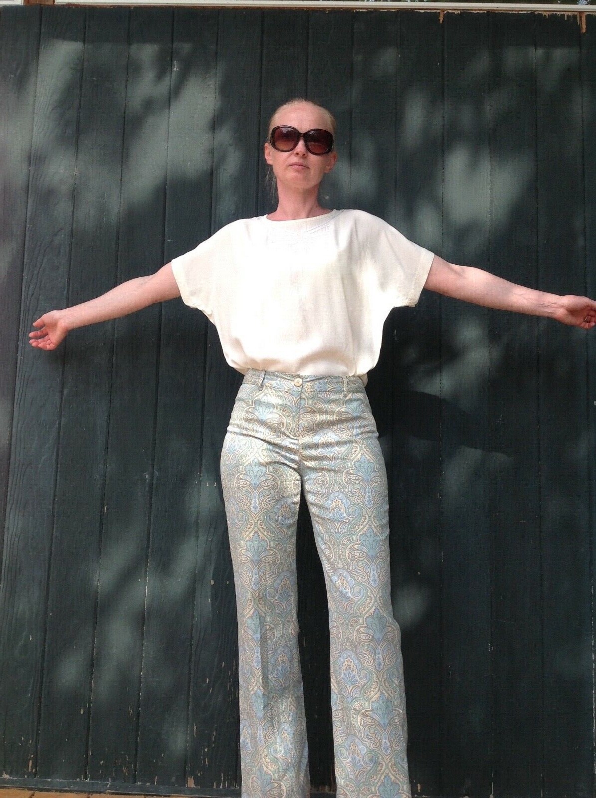 Sz2 HAROLD&rsquo;S silk blend pants Mint Green Paisley ESSAY Vintage Blouse off white