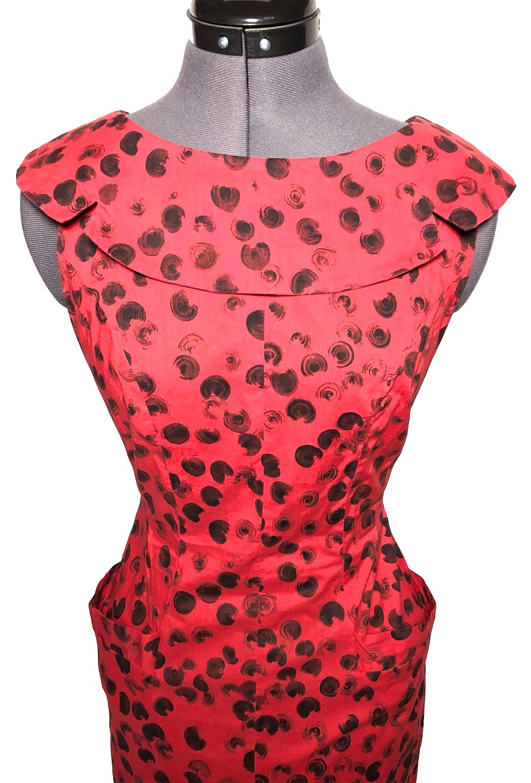 Vintage 1950s Red Black Abstract Polka Dot Wiggle Dress Pencil Skirt 33-26-34