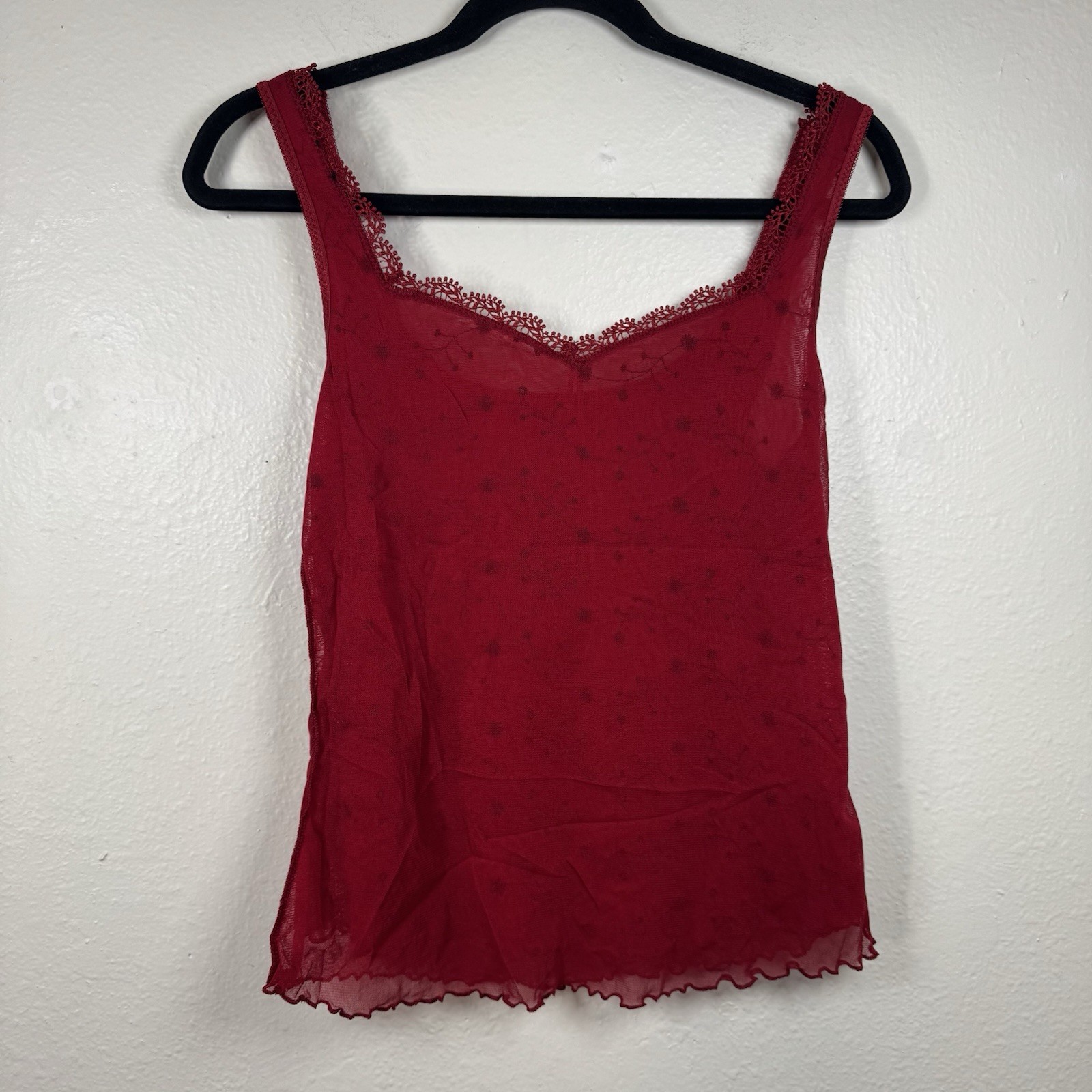 Arianne Lace Trim Tank Top Vintage Red 2000’s Embroidered Mesh Size Small Y2K