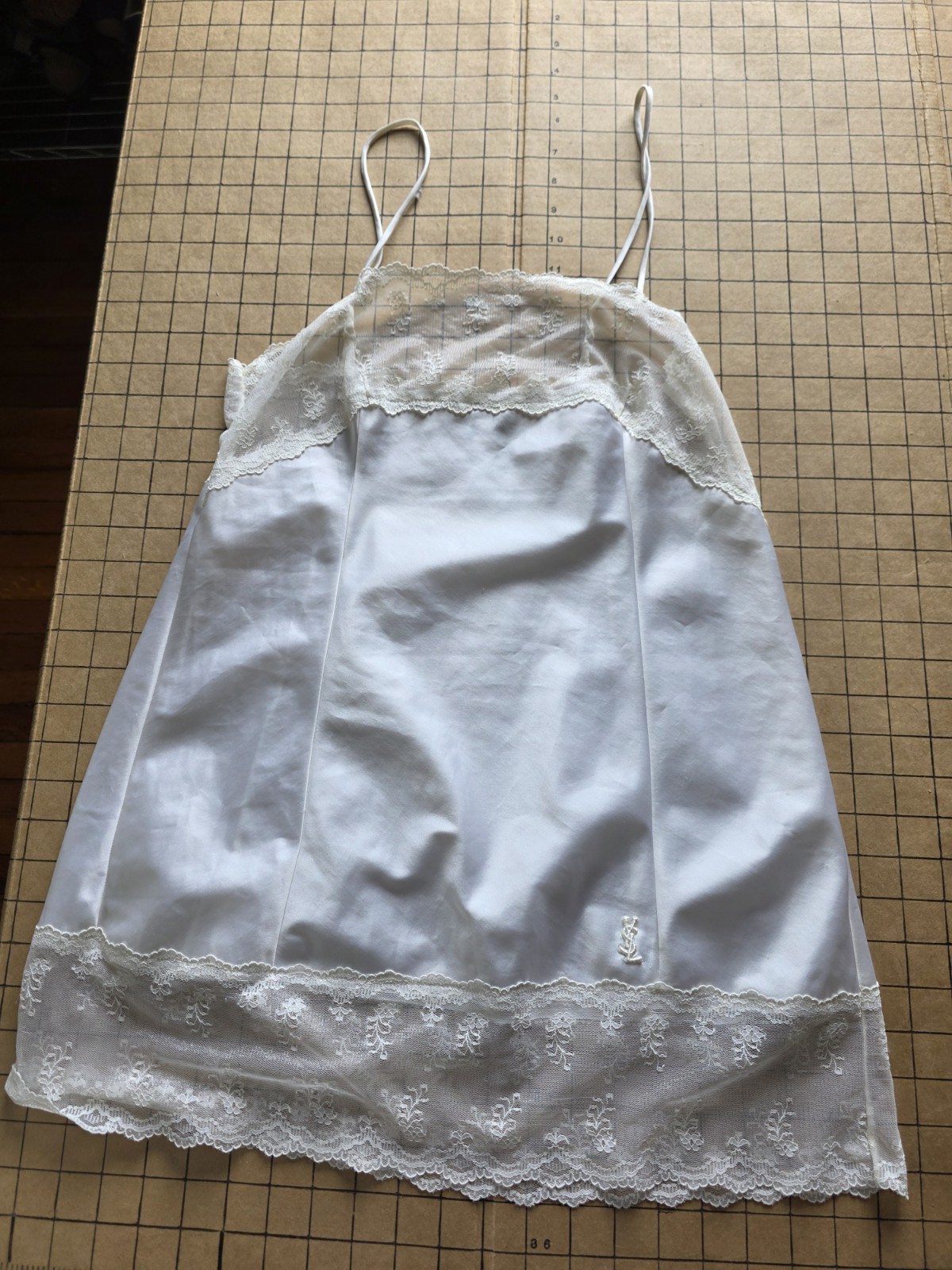 YSL Lingerie Satin Camisole 34 Embroidered Logo, Lace Trim, Vintage Made France